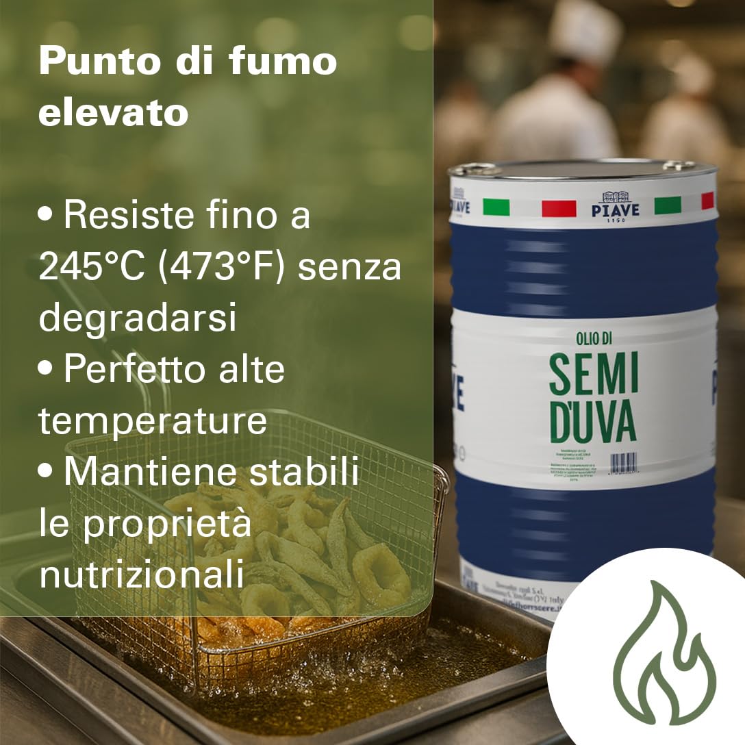 PIAVE 1938 - Olio di Semi d’Uva 25L – Olio di Vinaccioli Italiano Spremuto a Freddo – Alto Punto di Fumo 245°C – Ricco di Omega 6 e Vitamina E – Per Frittura, Cottura, Pasticceria e Uso Professionale