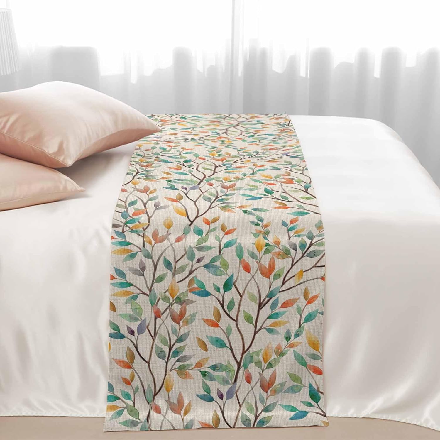 Teal Orange Eucalyptus Bed Runner Bedding Decorative Scarf for Fits Cal King Bed, Spring Botanical Leaves Luxury Fine Print Foot Throw with Satin for Hotels Homes, Guest Rooms, 102" x 20"