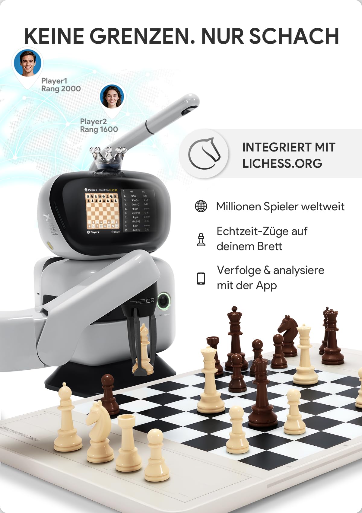 Sense Robot Schachroboter mit KI & Roboterarm – 25 KI-Stufen, 1200+ Übungen, Endspieltrainer, Spielwiederholung, Sprach-Coaching, Lichess-Anbindung, App-Sync, Für alle Spielstärken