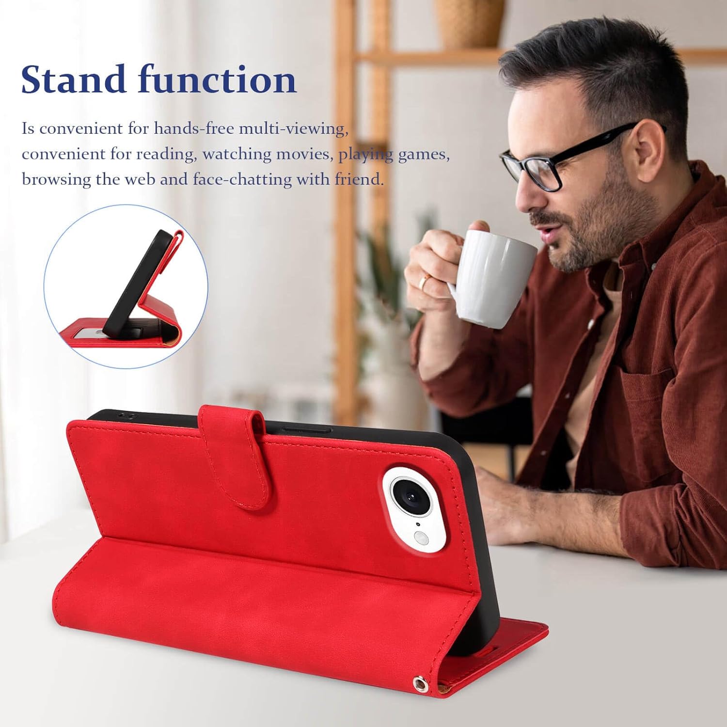 for iPhone 16e Wallet Case, RFID Blocking 4 Card Slots Holder Cover for iPhone 16e 2025 6.1 Inches, Wrist Strap, Shockproof Protective Stand Leather Folio Flip Cases (Red) - Image 2