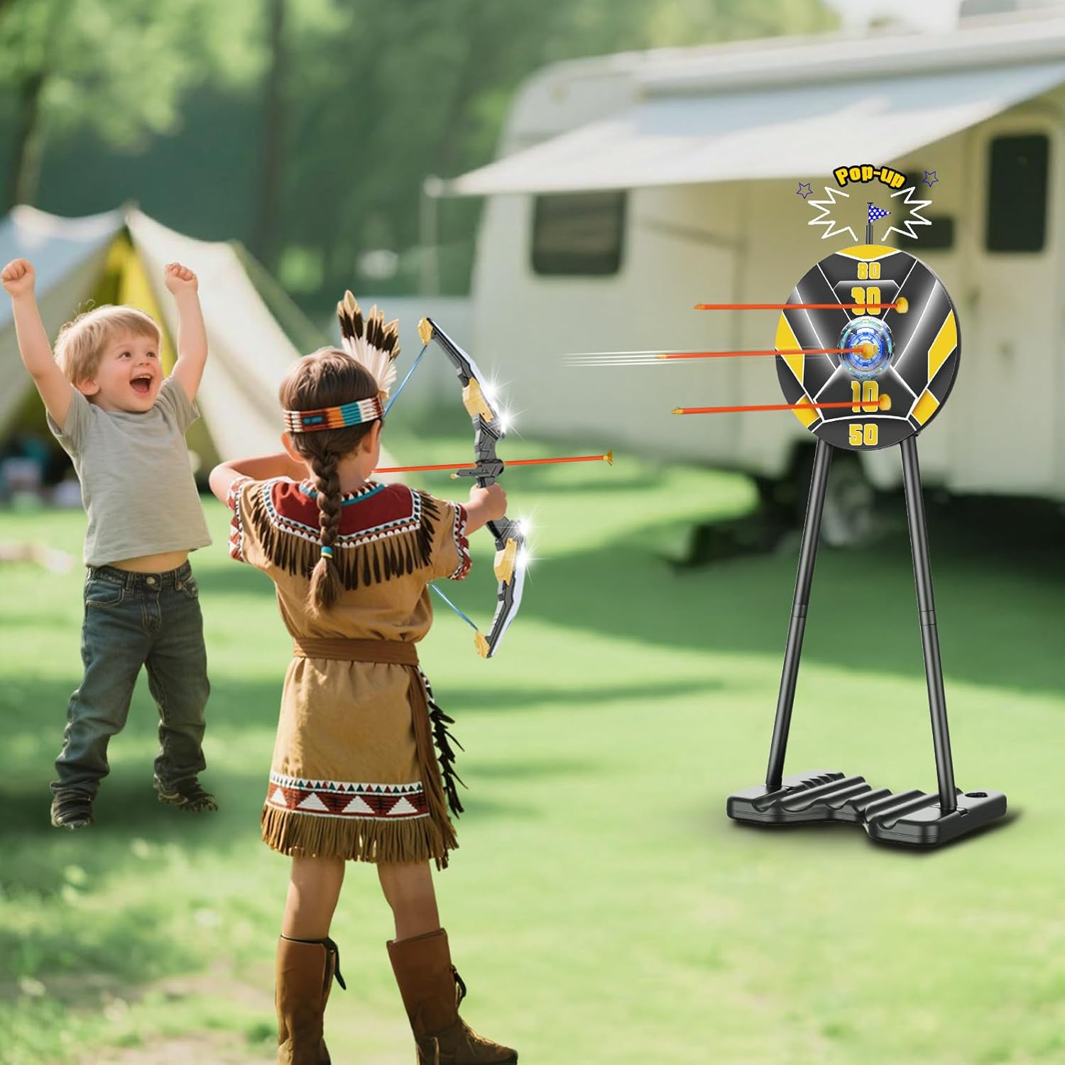 TIGTECGAME 2 Pack Bow and Arrow for Kids, LED Light Up Archery Set with 20 Suction Cup Arrows, 1 Standing Target with Flag Score, Indoor Outdoor Play Sport Toys Gifts for Kids, Boys & Girls Ages 3-12 image 9 of 9 B0F9PKLNXM