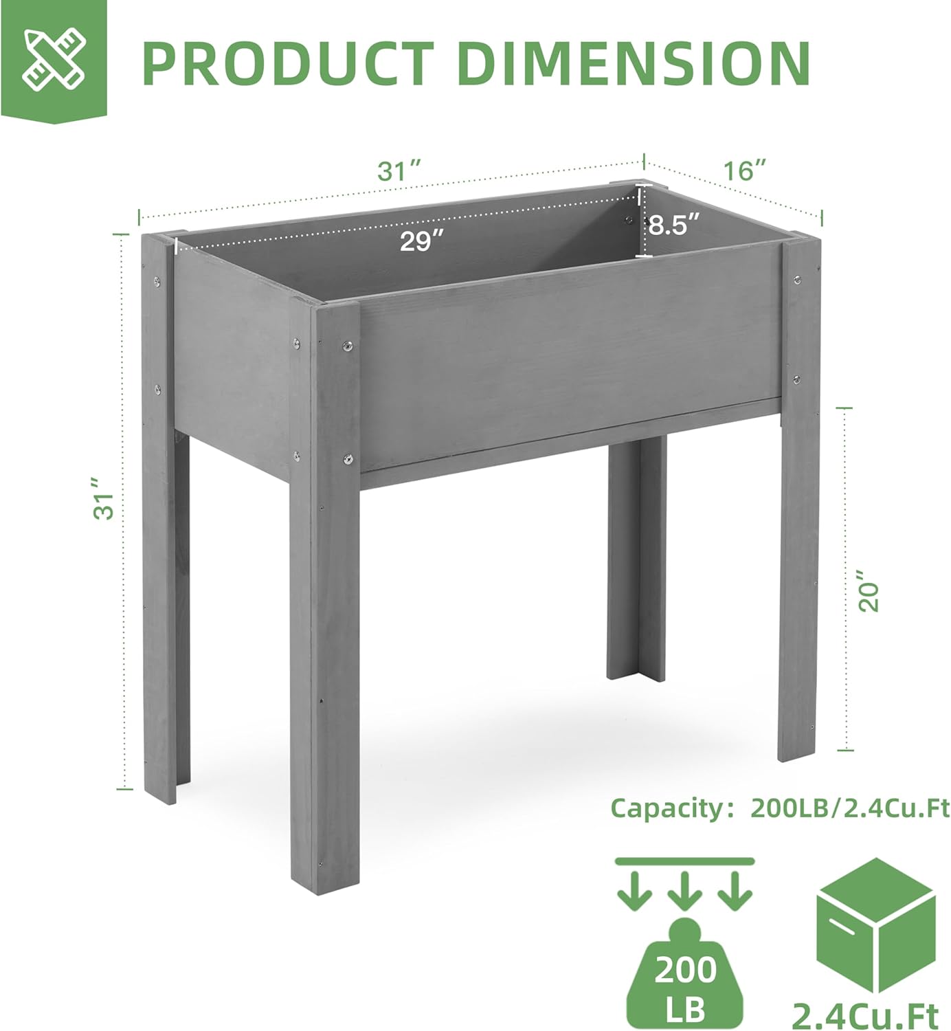 31x16x31 inch Raised Garden Bed with Legs, Elevated Wooden Planter Box for Outdoor Plants Flowers Fruits Vegetable Herb Growing