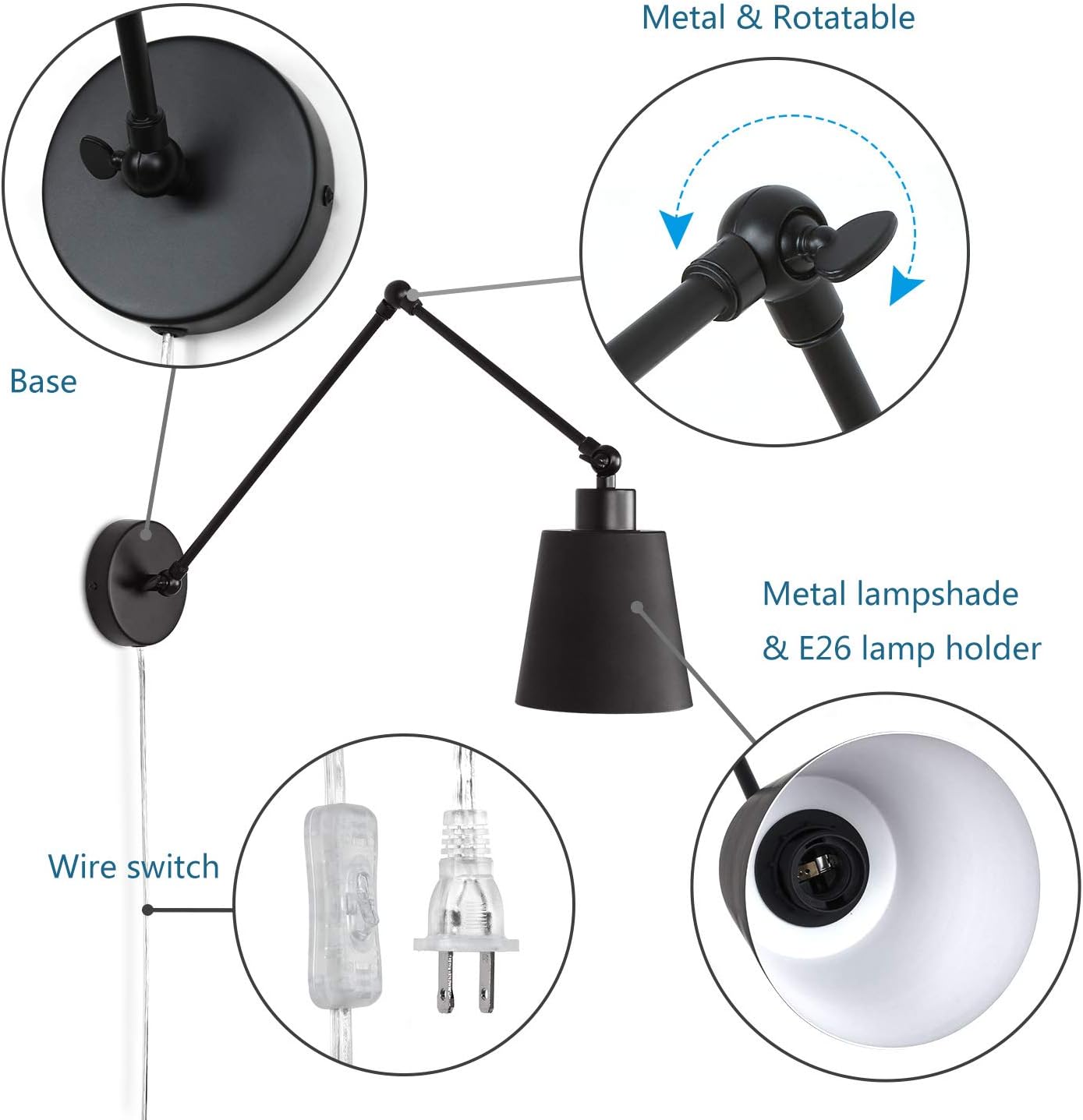 🔥 Flаѕh Sаlе MantoLite Adjustable Arm Wall Lights, Industrial Transitional Plug-in Bedside Wall Lighting Fixture with Cone Lamp Shade,Metal Wall Sconce Reading Light for Livingroom Bathroom Hallway(2 Pack)