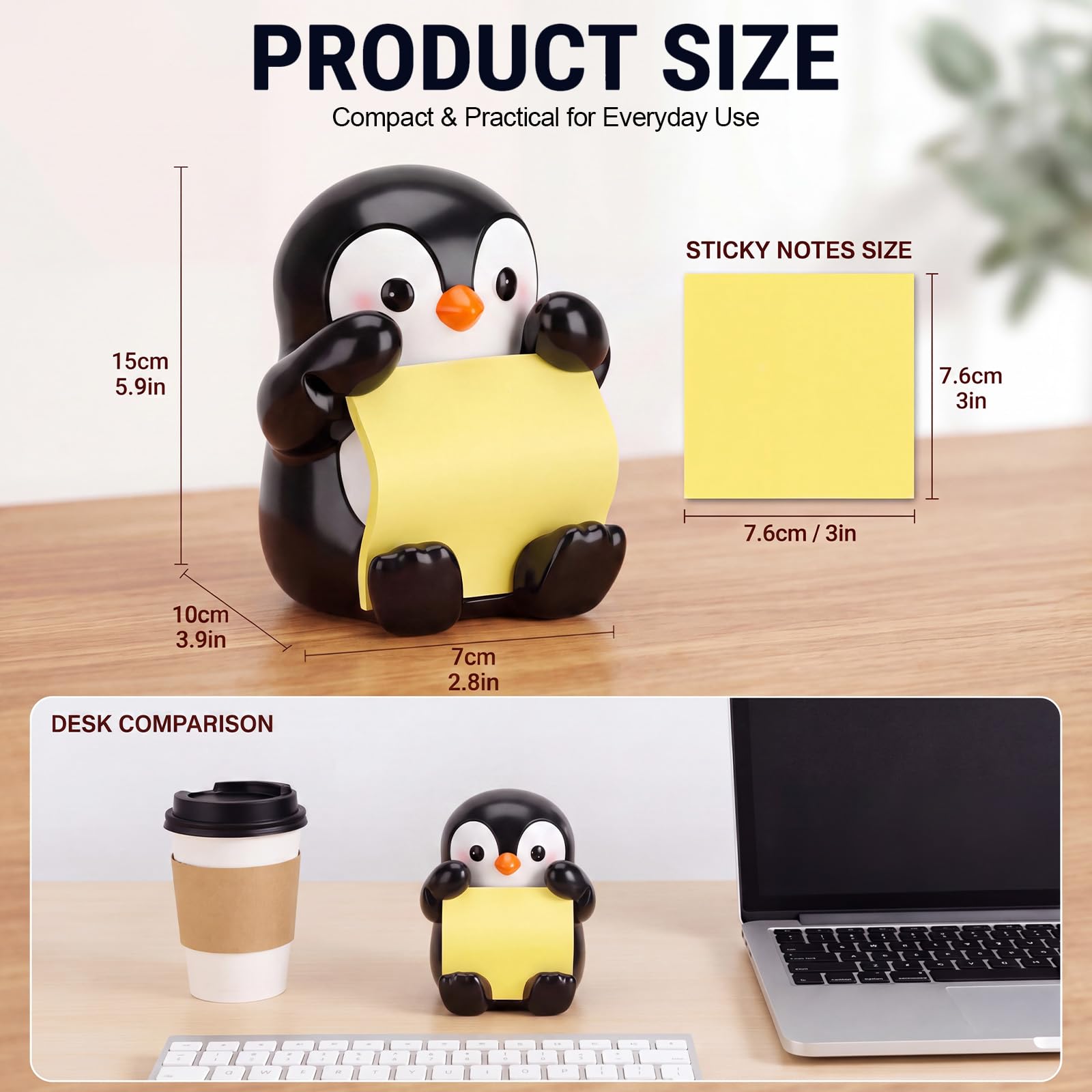 Crtiin Dispenser per note adesive a forma di pinguino, 50 fogli, 7,6 x 7,6 | Note estraibili gialli, dimensioni compatte, 15,2 x 10,2 x 6,9 cm, decorazione da scrivania a forma di pinguino