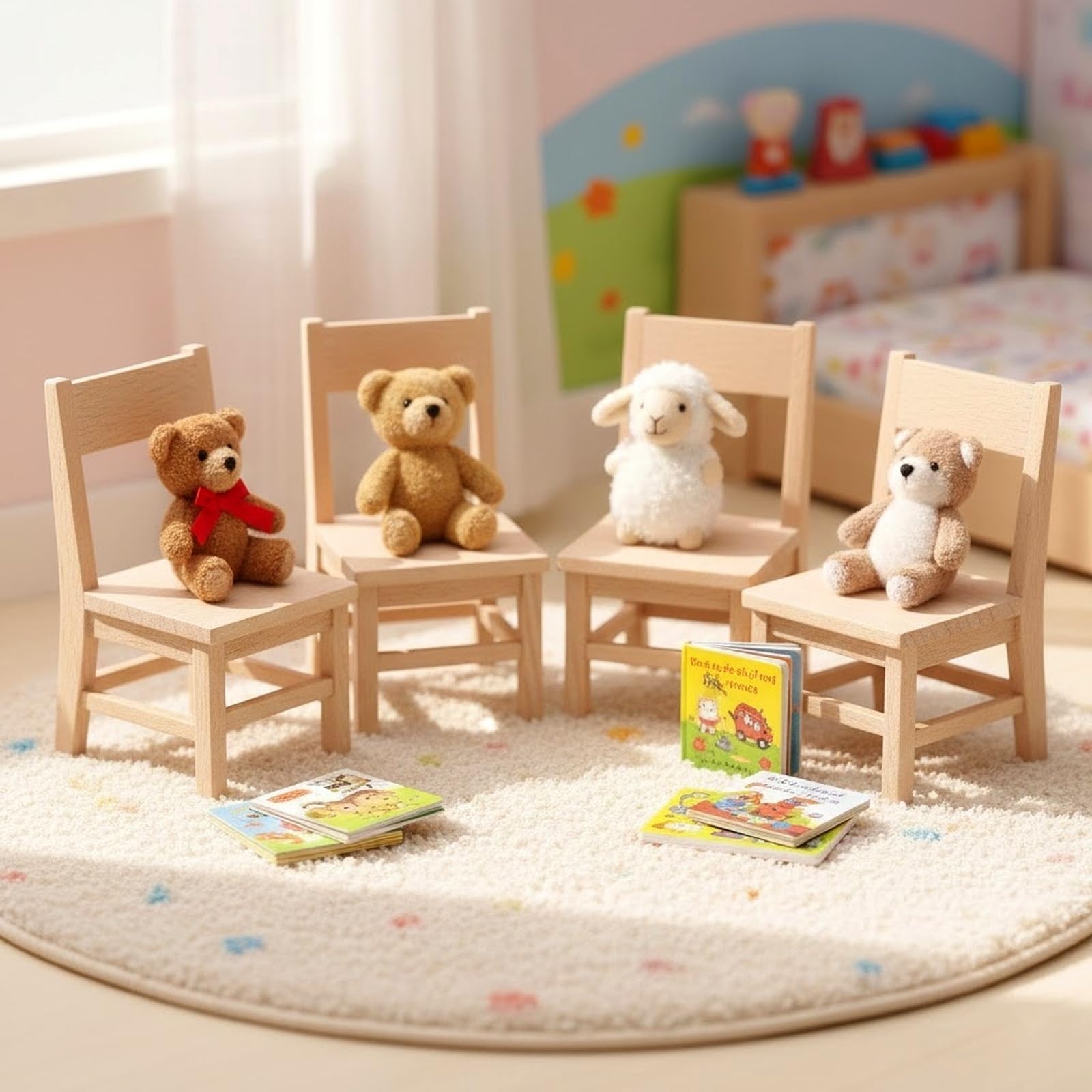 LOGOFUN Puppenhaus-Stühle, Miniatur-Holzstuhl, Maßstab 1:12, Mini-Stuhl, Modell, Puppenhaus-Möbel, Zubehör, Dekorationen, 4 Stück