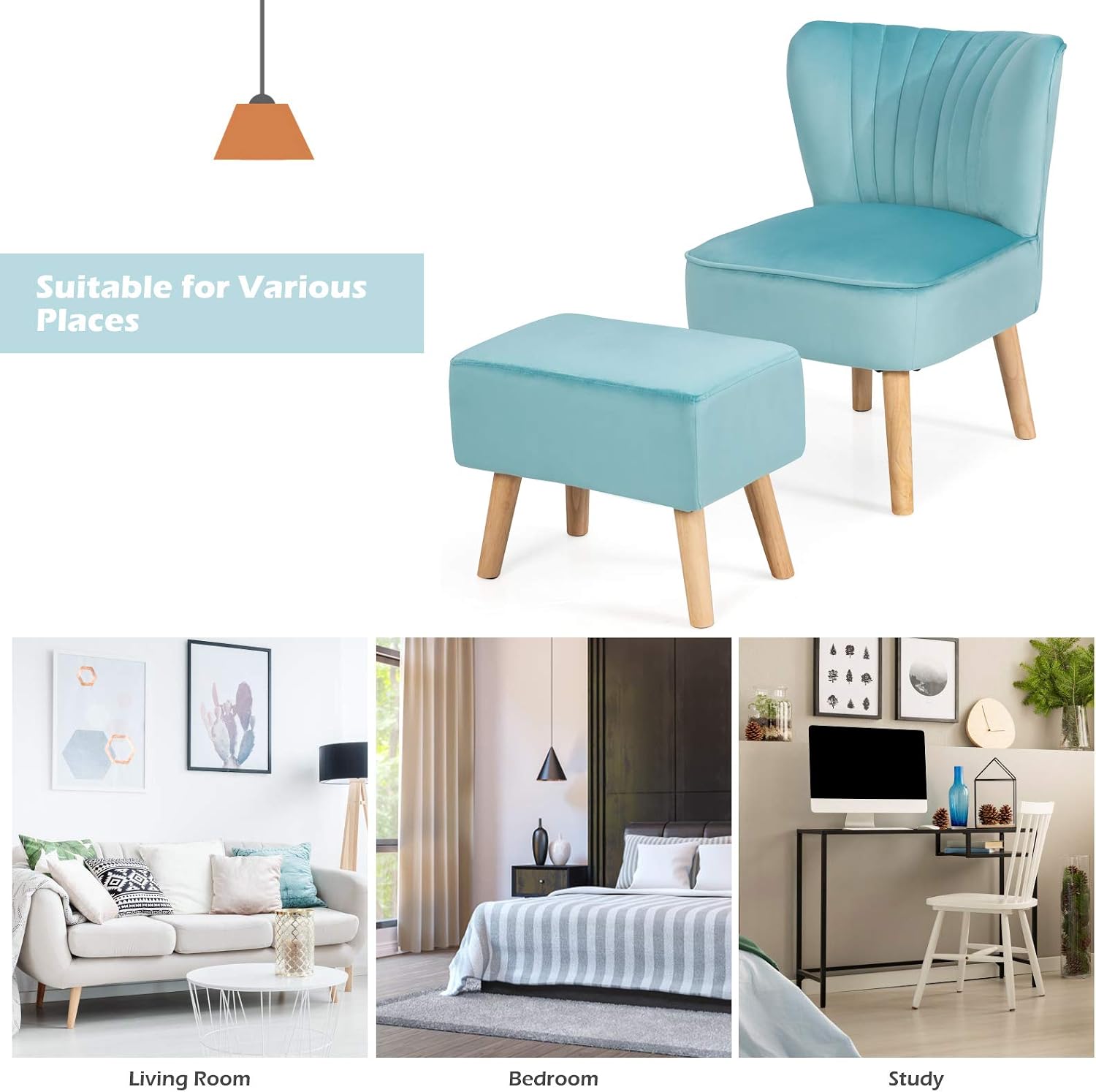 Velvet Accent Chair, Single Upholstered Chair with Footstool, Armless Occasional Leisure Sofa Chair for Living Room, Bedroom and Office