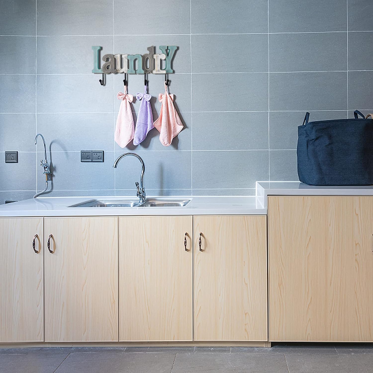 Linfevisi Wooden Laundry Sign Aqua Hanging Block Letters Sign Rustic Wood Word Decor Laundry Wall Sign Cutout Word Art Wall Decor Decorative Key Holder Hanger with 4 Hooks