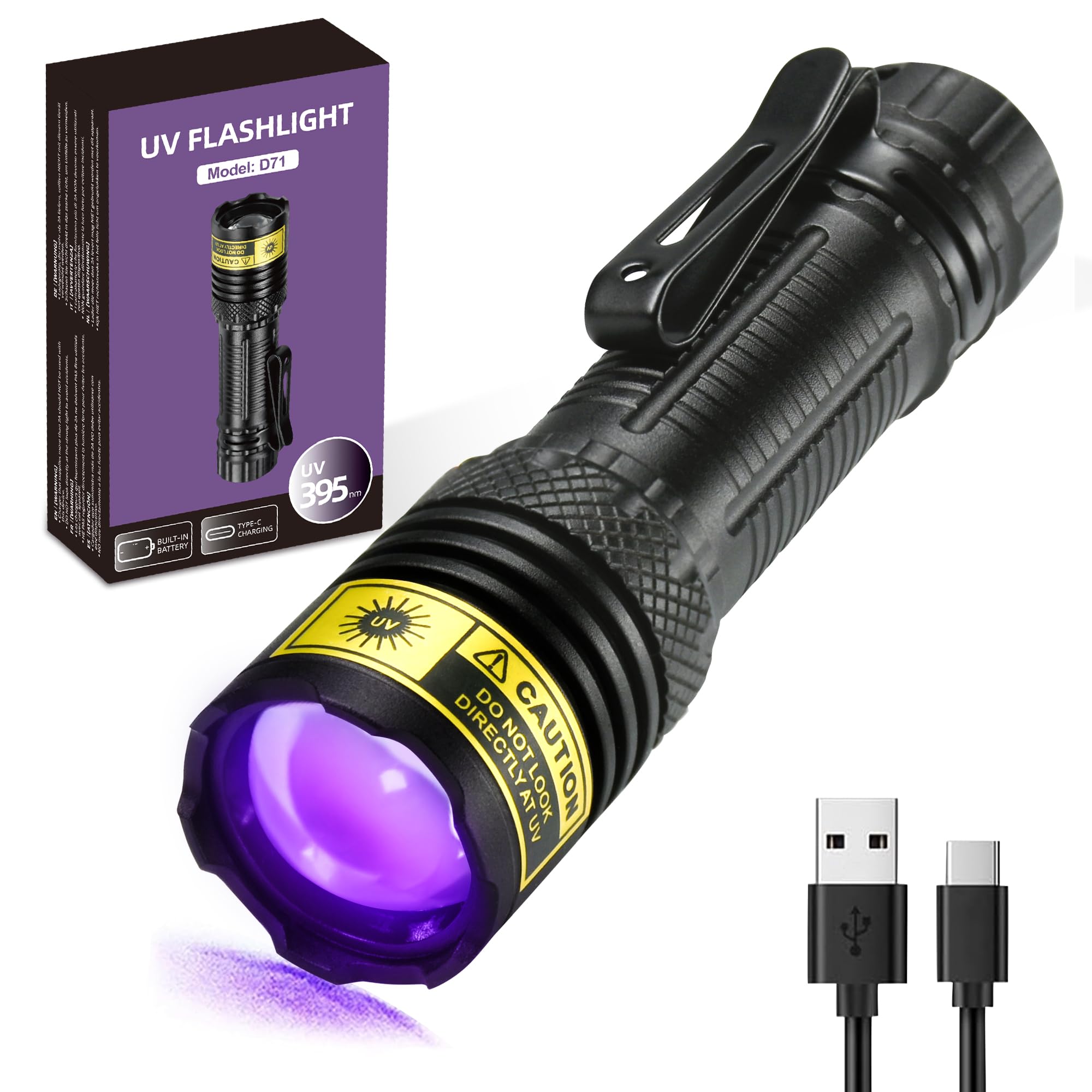 DARKDAWN Linterna UV de 395 nm, luz negra, mini y potente USB - C, linterna LED recargable para maderas, linterna portátil de enfoque ajustable para vidrio de uranio, dinero, manchas de orina de