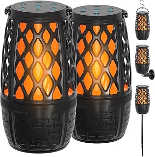 Paquete de 2 altavoces Bluetooth LED para exteriores, regalos únicos para hombres, IPX6 impermeable Tiki antorcha atmósfera para fiesta, patio, jardín, altavoces al aire libre con estaca, gancho