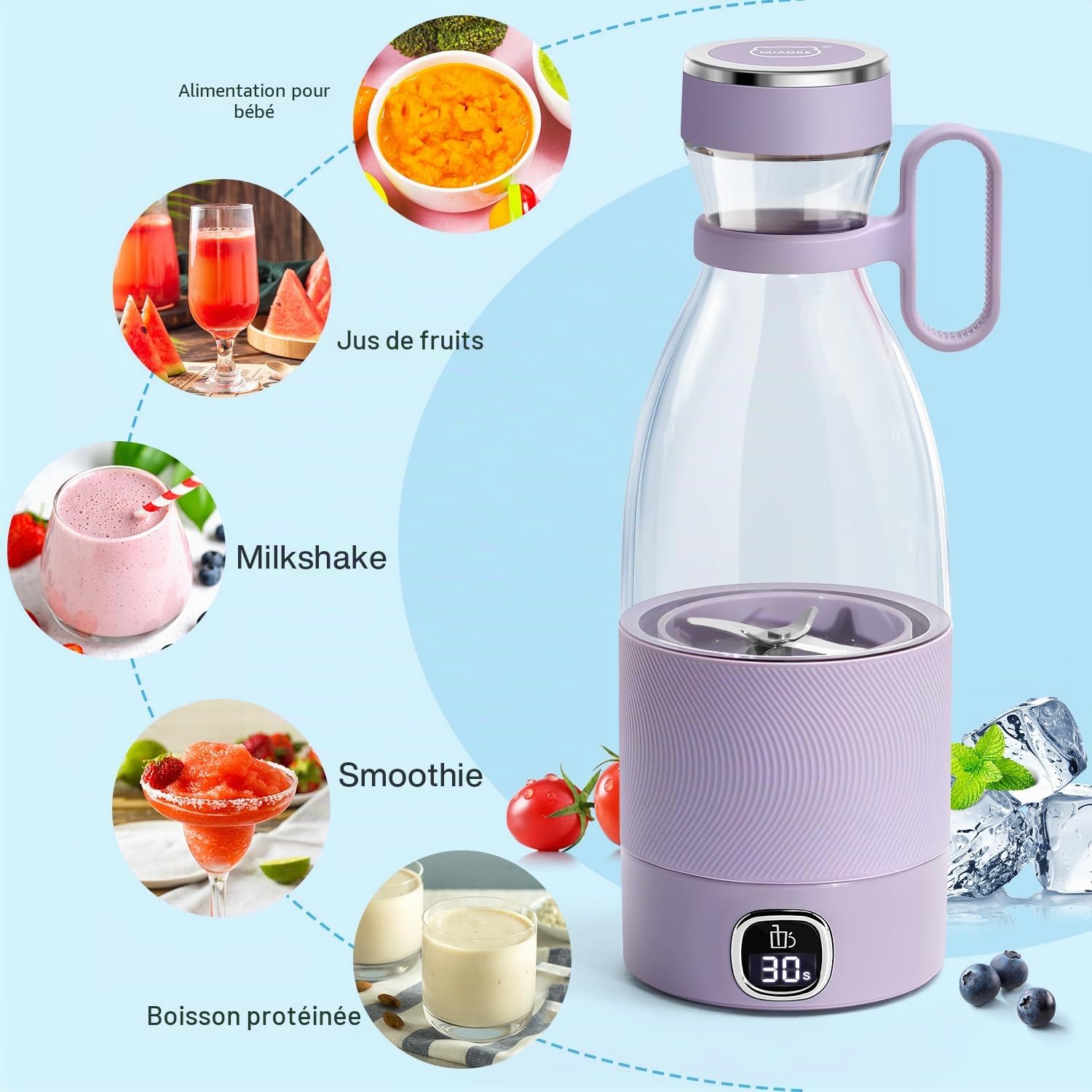 Mixeur portable, MIAOKE, tasse de jus avec 6 lames pour jus, milkshakes et smoothies, mini mixeur de 350 ml avec affichage LED, rechargeable par USB, batterie rechargeable de 3000 mAh, pour la maison
