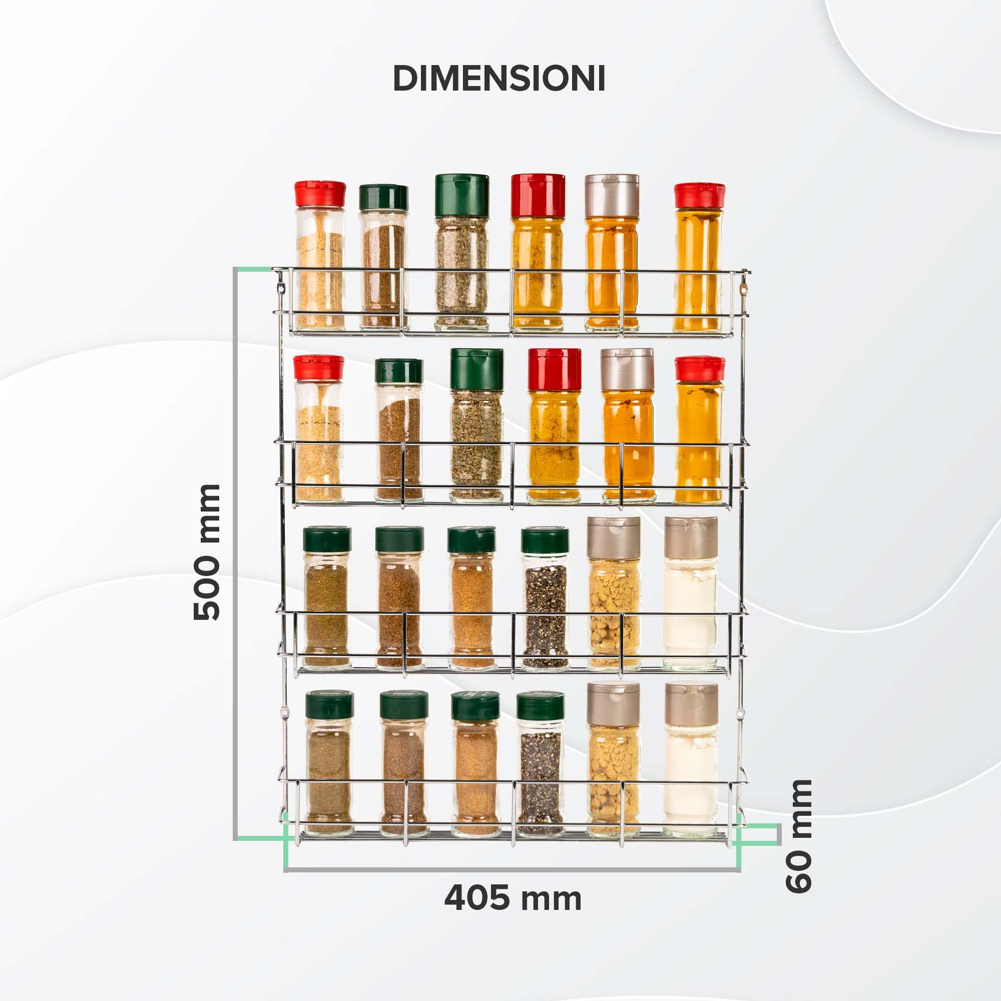 Coninx Porta Spezie da Parete 4 piani | Portaspezie Cucina da Appendere con viti | Spice Rack | Supporto per Spezie da Cucina Assortite | Mensola a 4 livelli per 32 Barattoli di Spezie | 50x40.5x6cm