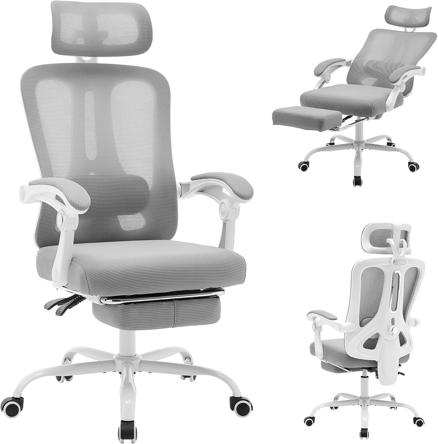 Silla de oficina ergonómica con reposapiés, soporte lumbar ajustable y reposacabezas, giratoria de 360°, gris