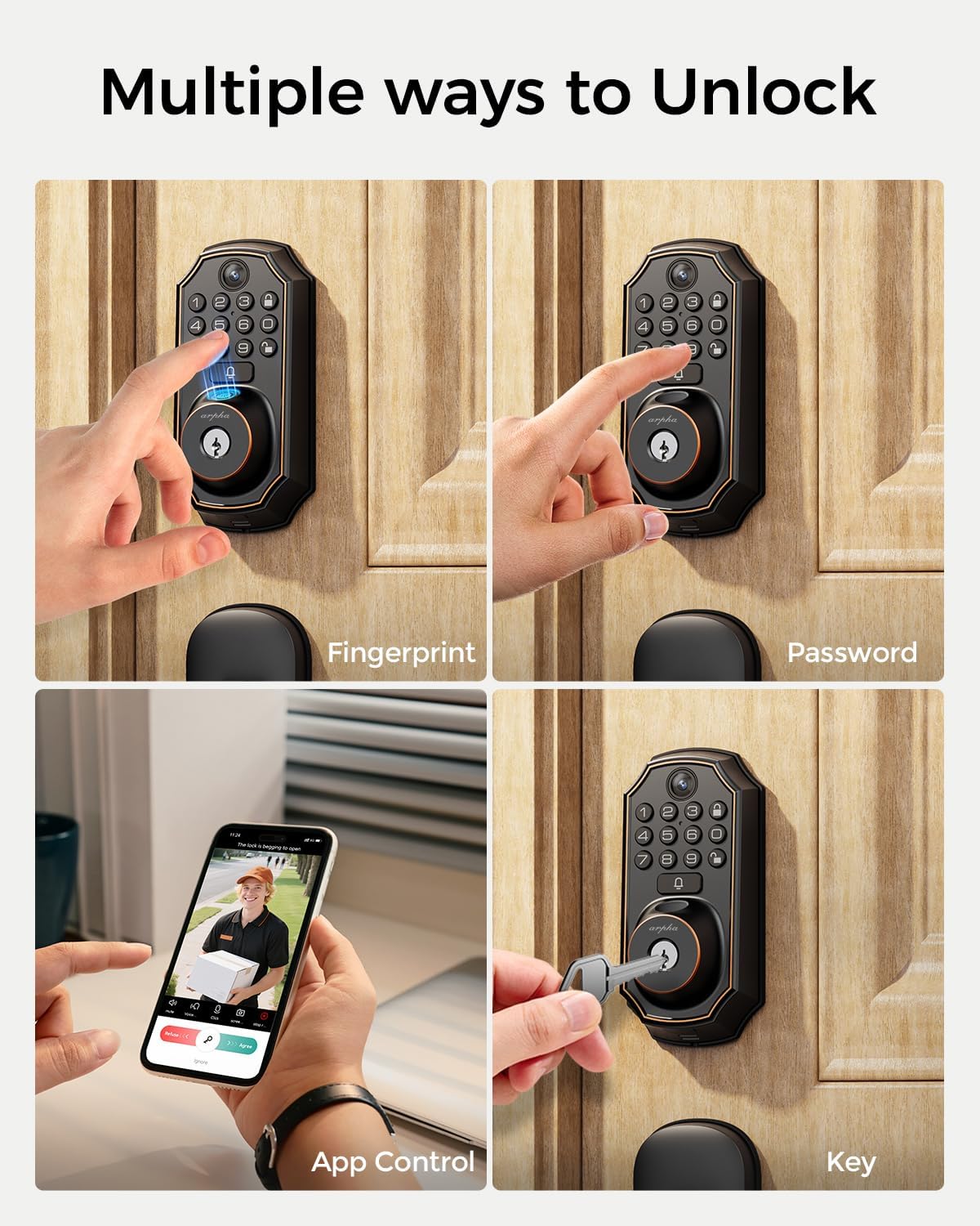 Four panels showing different unlocking methods: fingerprint, password, app control, and physical key.