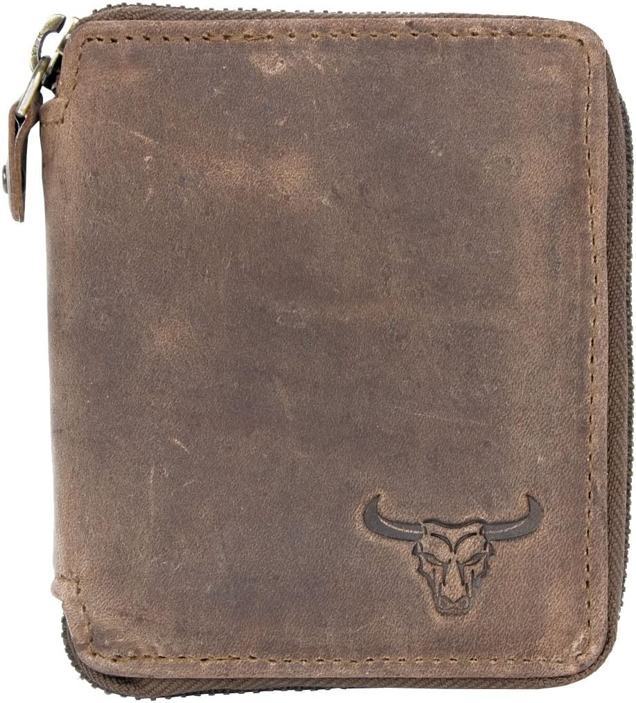 Men's Pocket Sized Metal Zip-Around Strong Genuine Leather Wallet with a Bull Head