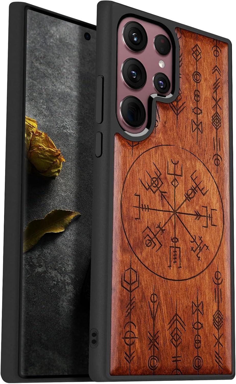 Carveit Wood Case for Galaxy S22 Ultra Case [Natural Wood & Black Soft TPU] Shockproof Protective Cover Unique Wooden Design Compatible with Samsung S22 Ultra (Viking Amulet-Rosy)