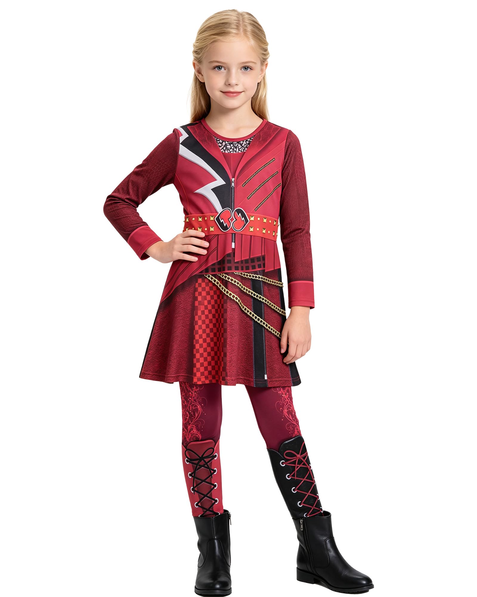 Red Wonderland Costume with Wig Girls Princess Dress for Kids 5-12 Years