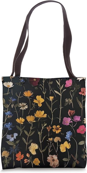 Black Boho Aesthetic Mixed Flowers Pressed Flower Tote Bag