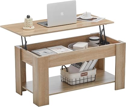 CLIPOP Lift Top Coffee Table Wooden Sofa Side Tea Table with Hidden and Open Storage Shelf, Extendable Center Table for Living Room