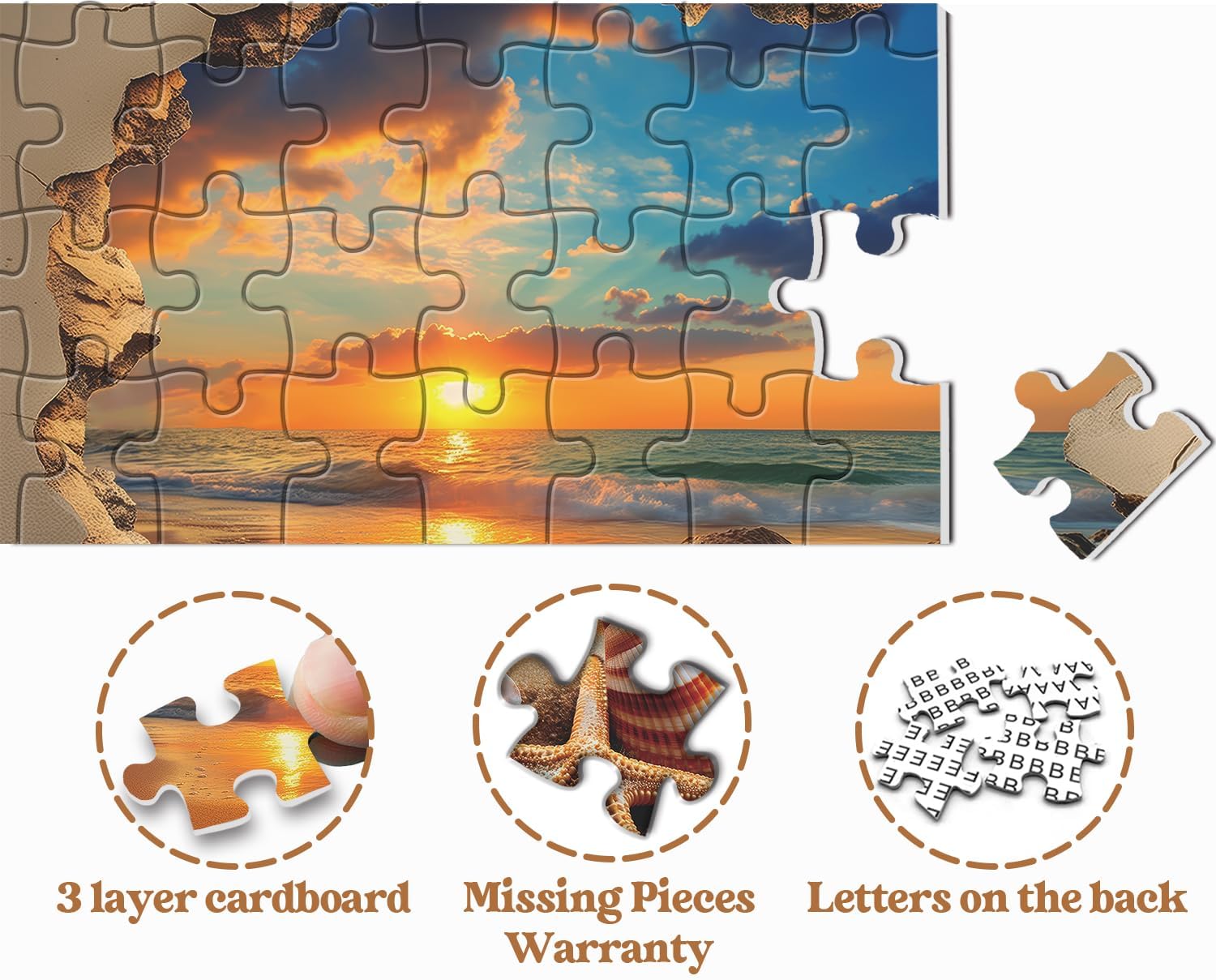 Beach Sunset Puzzles for Adults 1000 Pieces, Ocean Starfish Seashell Jigsaw Puzzles, Vintage Beach Shells Puzzle as Wall Decor