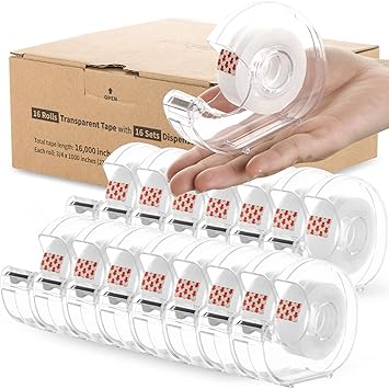 16 Rolls Transparent Tape with Dispenser, Glossy Clear Tape Refills Cute Holder Bulk for Home School Office Supplies Gift Wrap, 3/4 x 1000 Inches