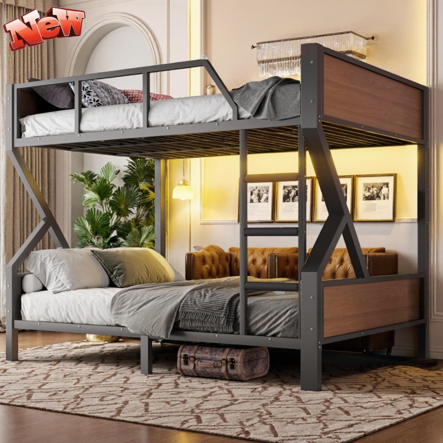 TIHWOALL Latest Upgraded & Stronger Heavy Duty Metal Queen Over Queen Bunk Bed, Thickened More Stable Safer Steel Bunkbeds (Greater Weight Capacity) (Queen Over Queen,Black & Wood-A)
