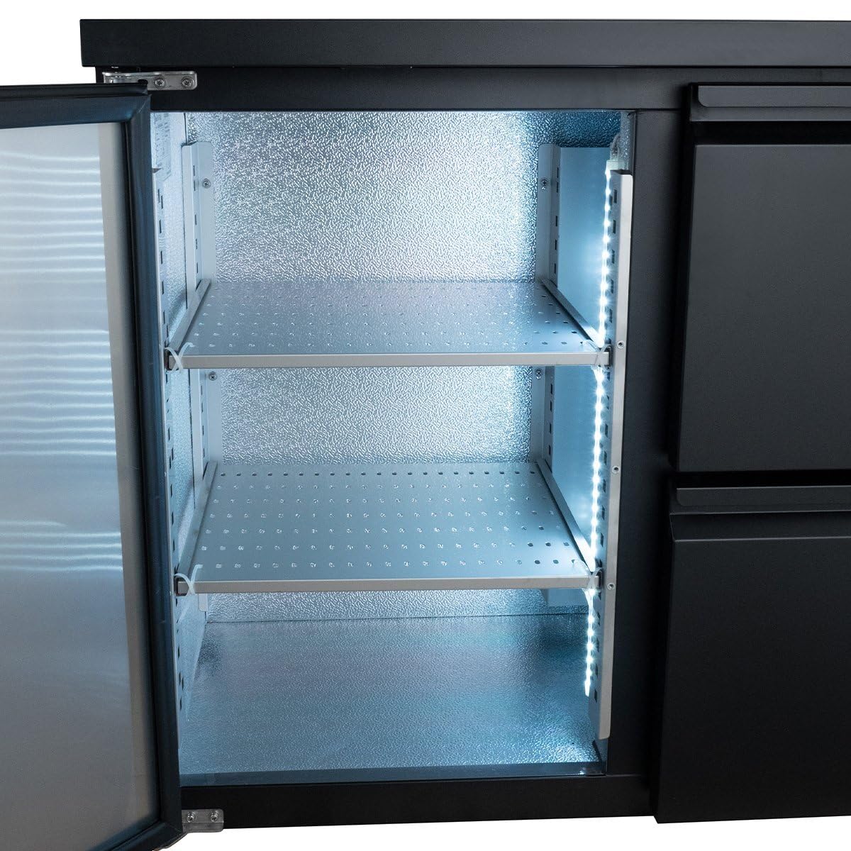 GastroHero Barkühltisch 1 Tür 4 Schubladen 2005 mm Getränkekühler Umluftkühlung +2 bis +8 °C LED 509 Liter Gastro Kühltisch Bar