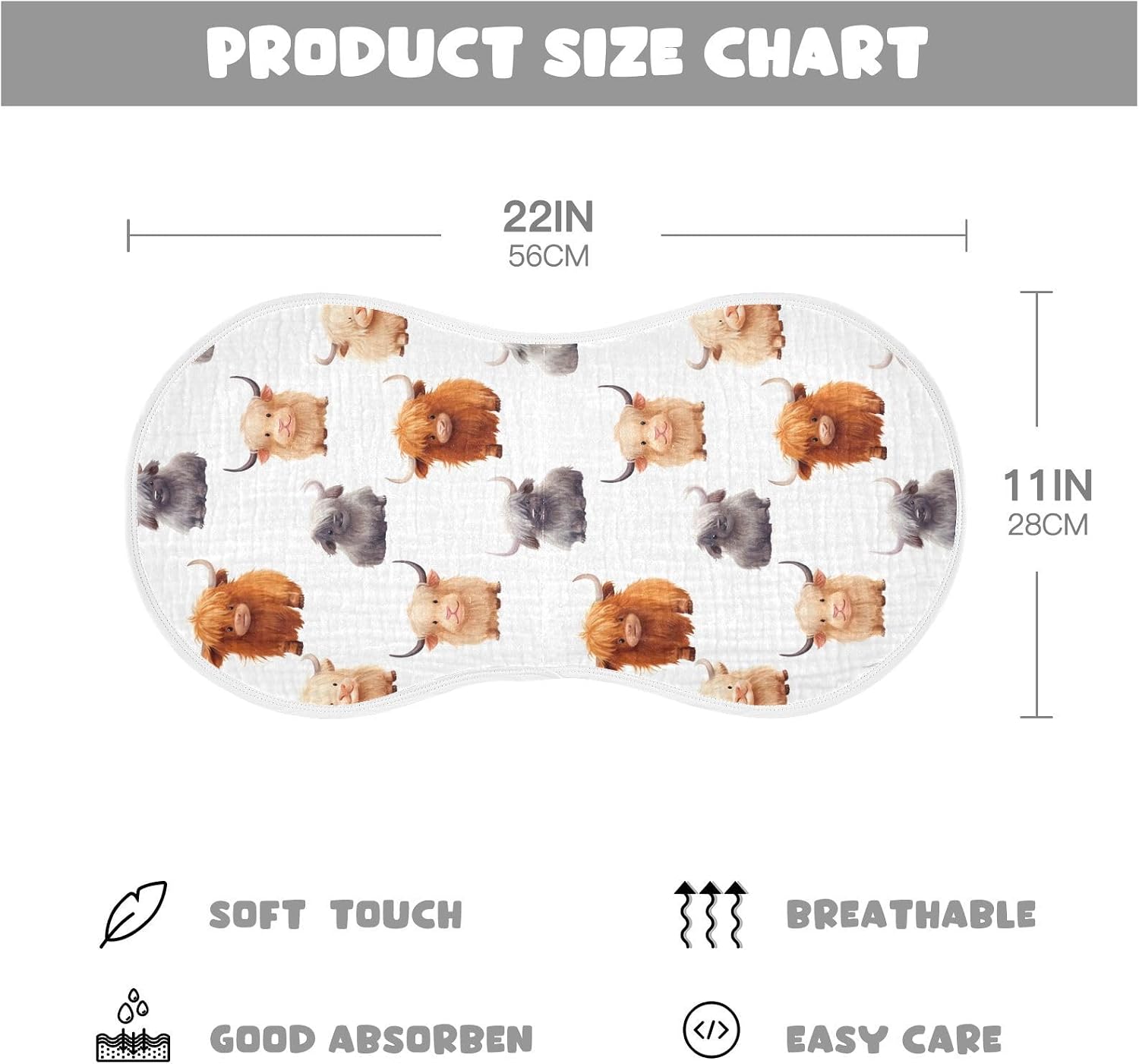 4Pcs Cute Highland Cow Pattern Burp Cloth,Unisex Large Absorbent Soft Cotton Muslin Burping Cloths for Newborn Boys Girls,11x22in,A110859