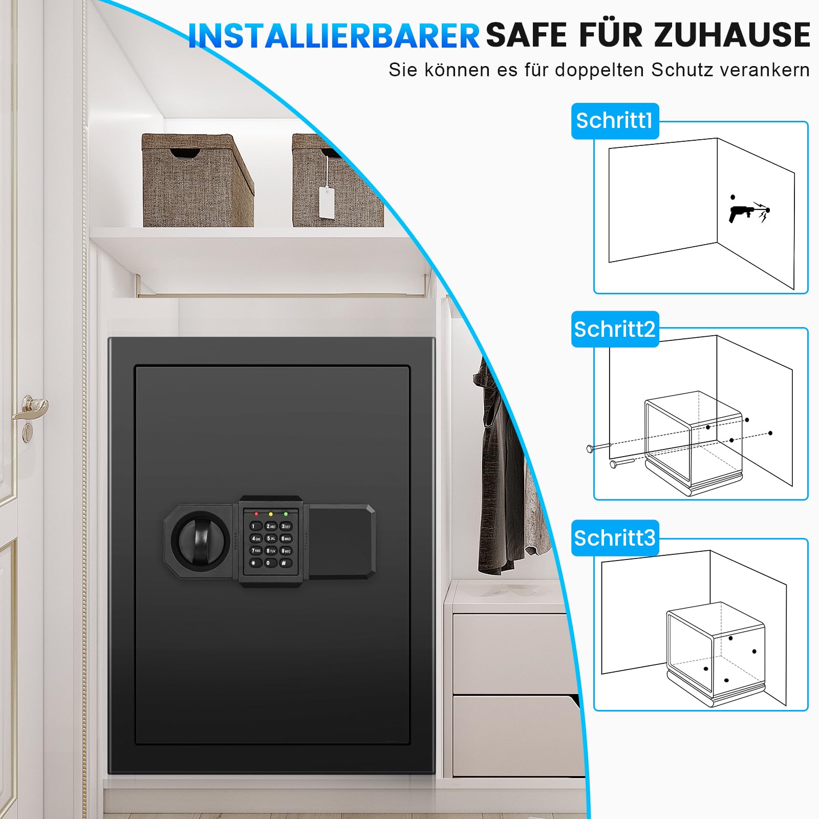 50L Groß Safe Tresor Feuerfest für Zuhause, Digitaler Tresore mit Schlüssel, Sensor-Licht und Abnehmbares Regal, Anti-Diebstahl Safe Tresore für Geld, Dokument, Medizin