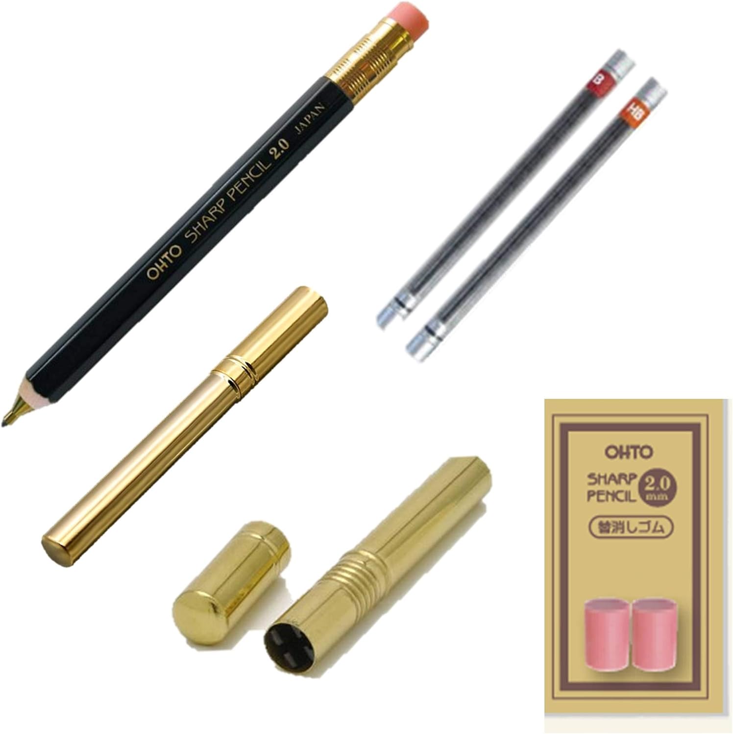 OHTO Wood Axis Mechanical Pencil with Eraser - Black, HB, B Refills - Brass Sharpener & Core Case (2mm)