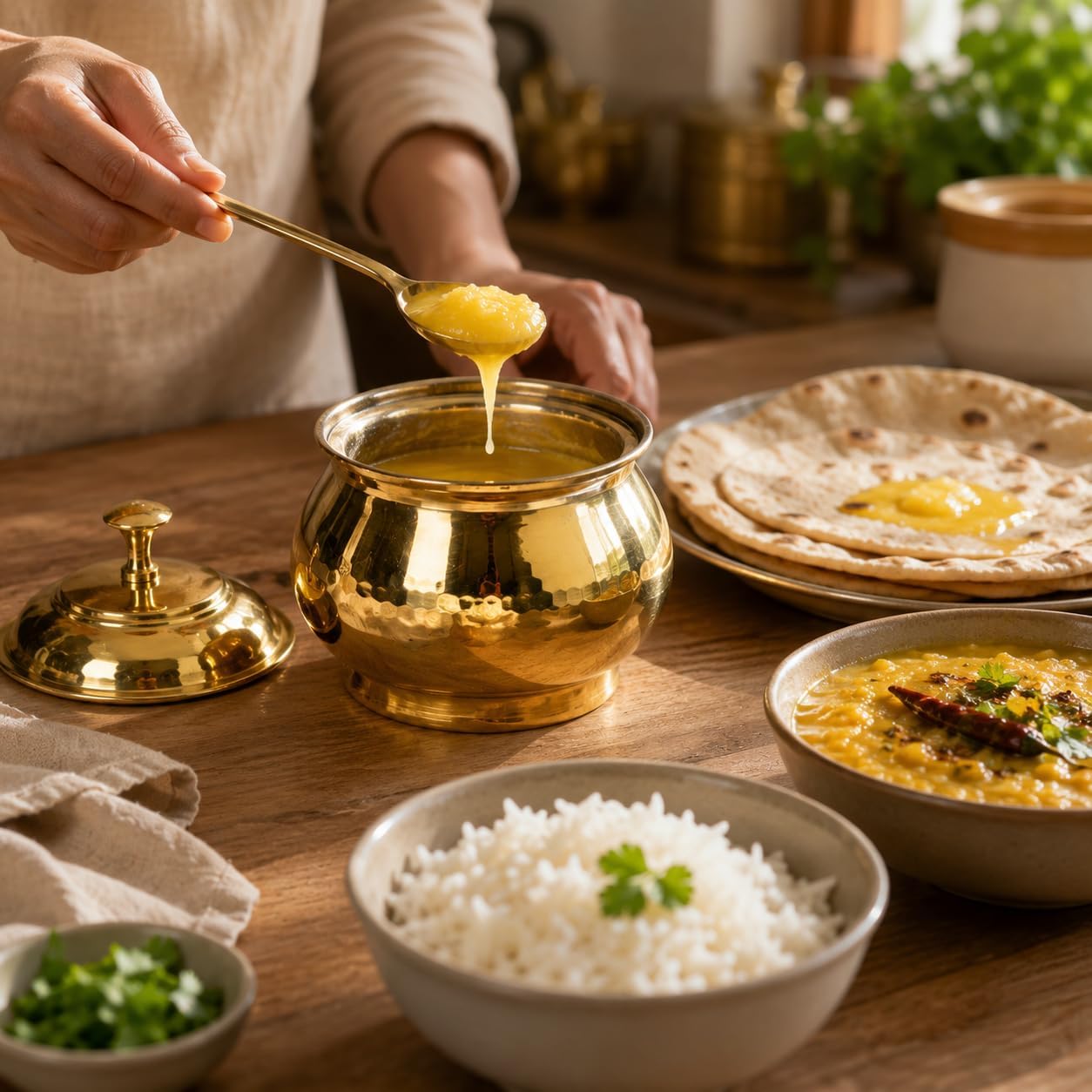 Handcrafted Brass Ghee Pot 200 ml with Lid & Spoon for Kitchen and Dining