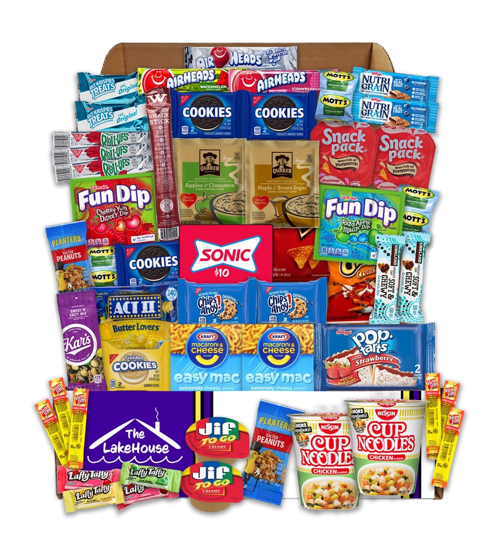 LakeHouse Student 52 College Care Package with Sonic Gift Card - College Essentials Snack Box - College Snack Boxes Care Packages for College Students