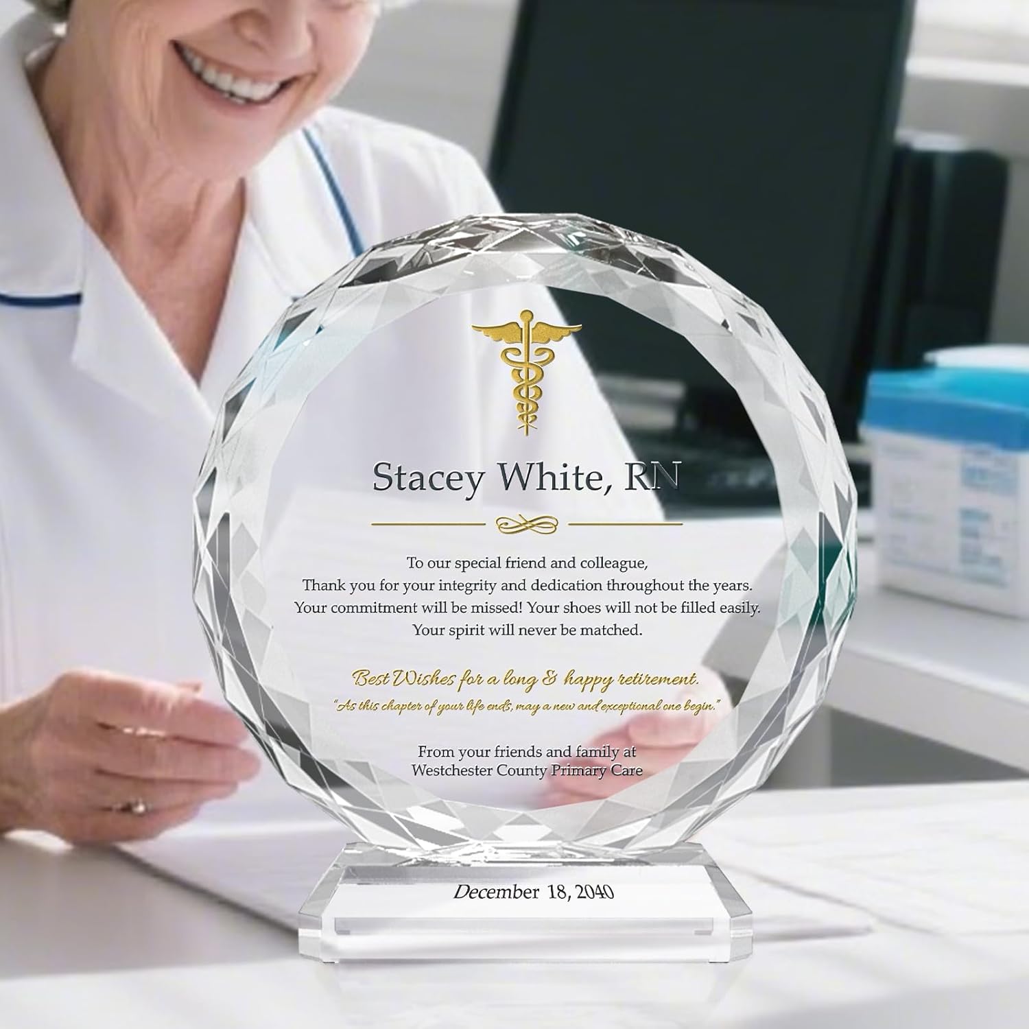 Crystal Nurse Plaque - Customized Retirement Gift, Best Wishes, Retirement Date - Perfect for Colleague or Friend (L - 8")