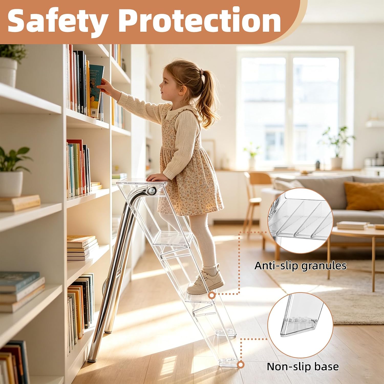 Acrylic 3 Step Ladder Folding Step Stool, Anti-Slip Steps Design, 350lbs Heavy Duty Load Bearing, Stable Support Frame, Portable Safety Acrylic Ladder (Transparent)
