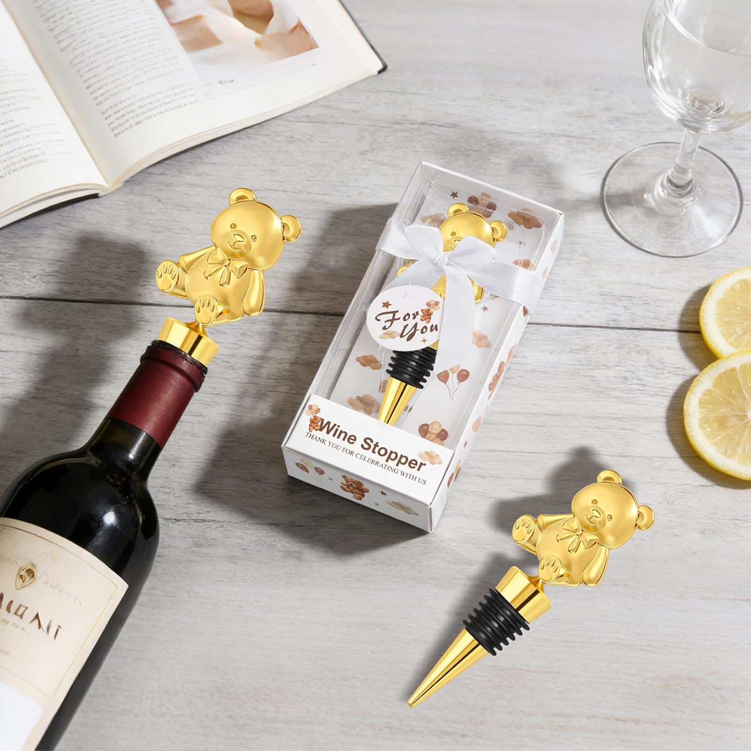 30PCS Bear Wine Stoppers for Baby Shower Wedding Bridal Shower Bear Party Favors Gifts for Guests Souvenir Decorations Keepsakes for Guests (Gold Bear)