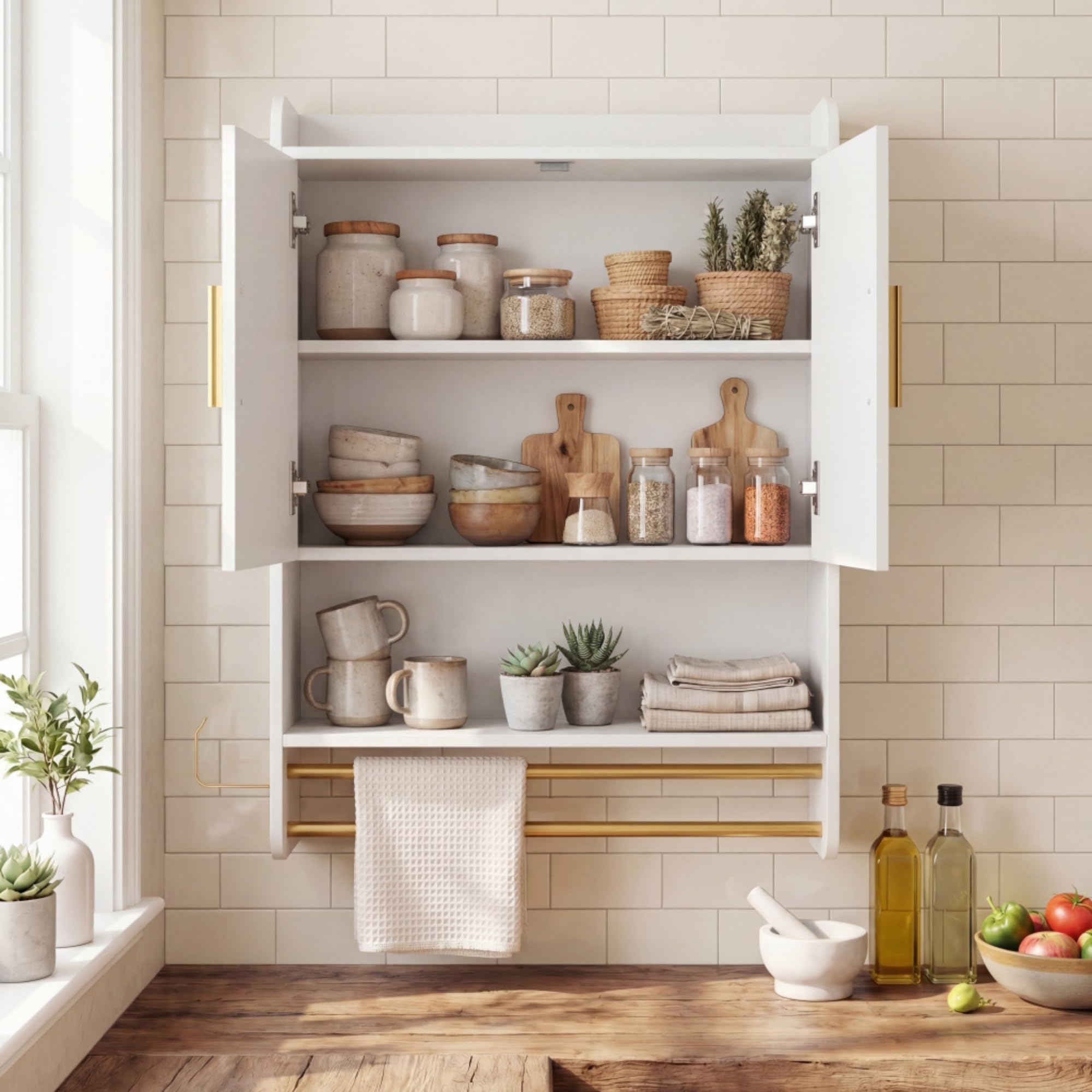 LIFEZEAL Mobile Bagno a Parete, Pensile Bagno Sospeso con Ripiano Regolabile, Scomparto Aperto, 2 Portasciugamani e Gancio Laterale, Mobile Cucina Salvaspazio per Ingresso, 55 x 20 x 80 cm (Bianco)