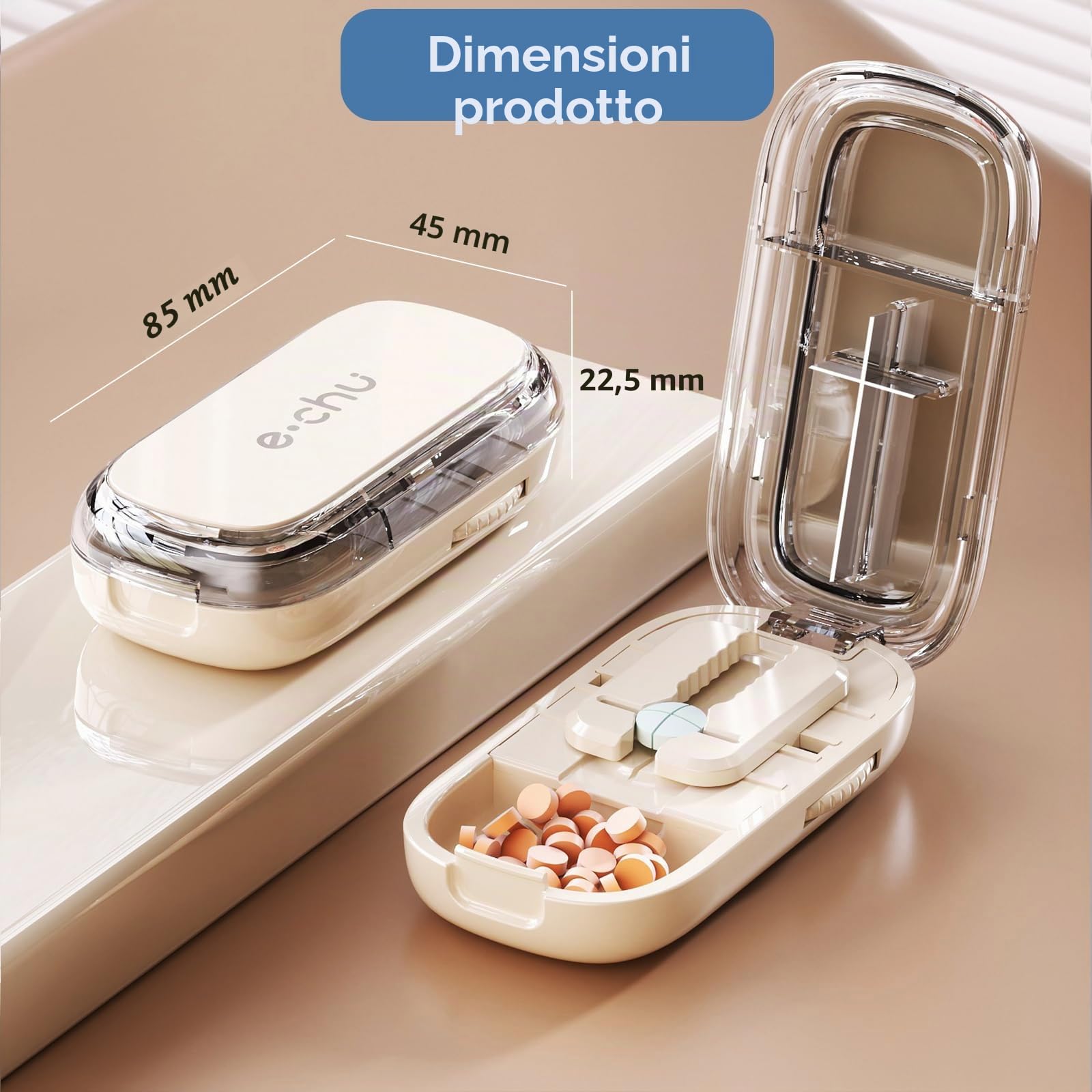Taglia Pillole, Tagliapillole 1 su 4 per Compresse Piccole o Grandi, Taglia Pillole di Precisione per Dimezzamento, Taglio e Conservazione (Beige 1/4)
