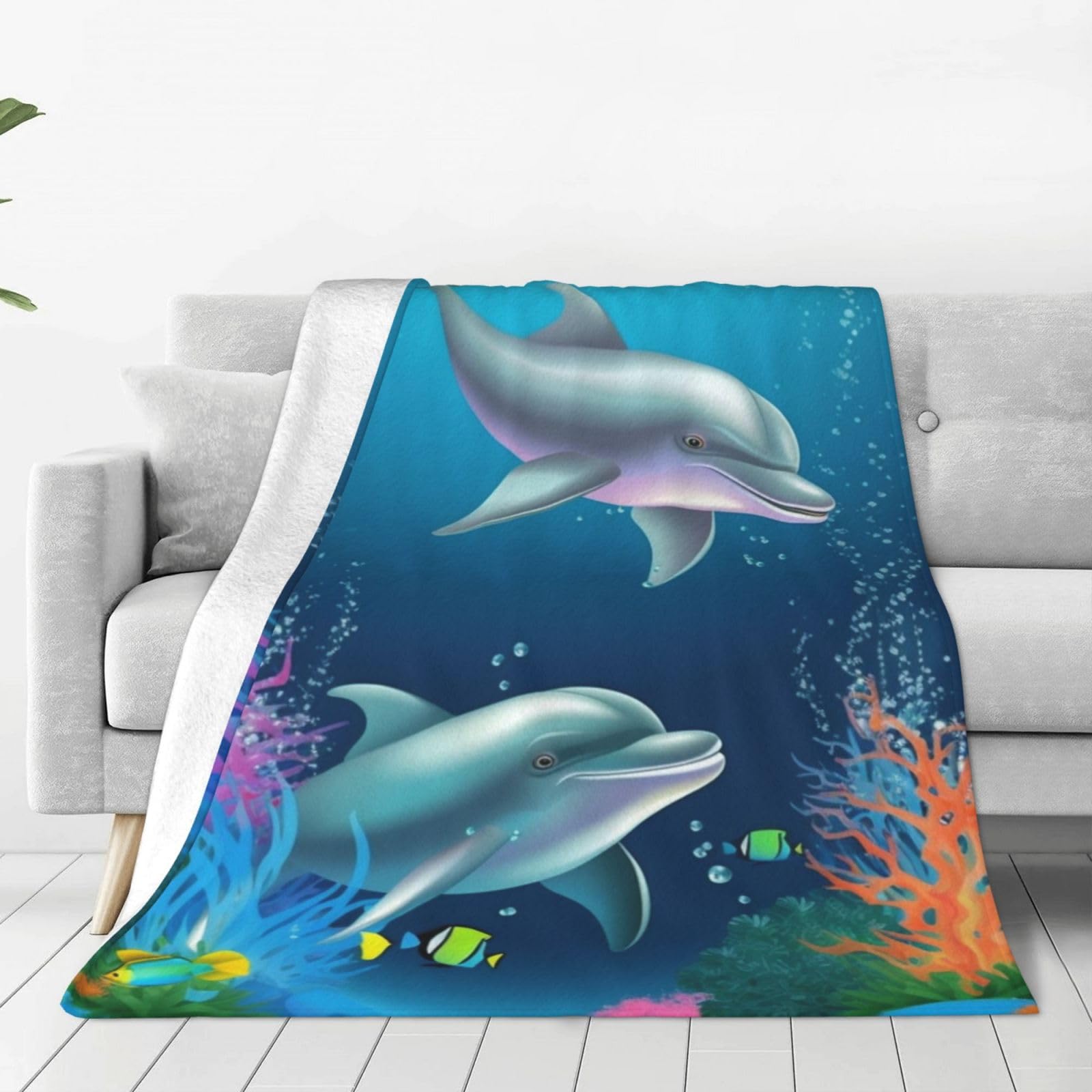KLOPH Dolphin and Fish Throw Blanket 40"x30" Flannel Fluffy Warm Blanket for Couch, Reversible Plush Blankets for Bed, Comfy Fuzzy Blanket for Sofa, Plush Lightweight-Blankets for All Season