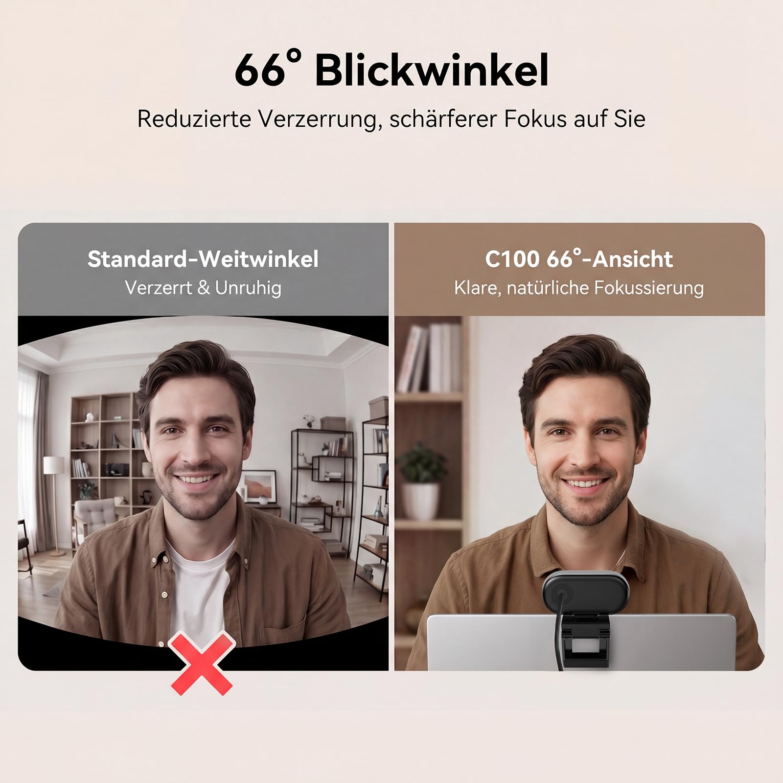 EMEET C100 Webcam 1080P, Fixfokus, 66° Sichtfeld, integriertes Mikrofon, Sichtschutzabdeckung, tragbarer Metallclip, Webcam für Homeoffice, Meetings, Streaming, Desktop, Laptop, PC