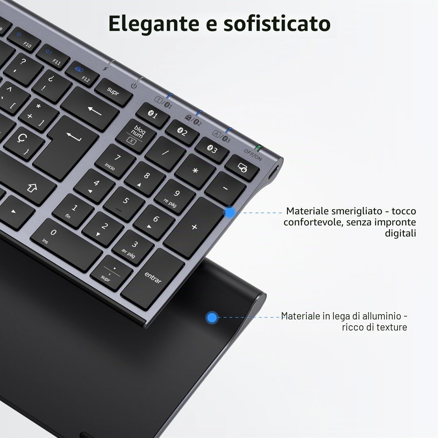iClever Teclado Bluetooth BK10, Inalámbrico QWERTY Español Teclado Multi Dispositivo Recargable Diseño Ergonómico Tamaño Completo Conexión Estable Teclado para Mac/iPad/Windows grisáceo