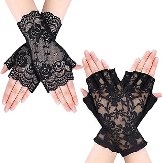 REBUCINA Lace Gloves for Women, 2PCS Ladies Half Finger Lace