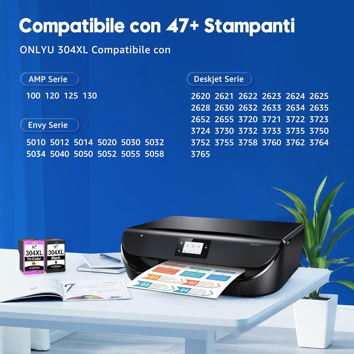 ONLYU 304XL di ricambio compatibile per HP 304 cartucce HP 304 XL cartucce per HP Envy 5030 5032 5010 5050 DeskJet 3750 2630 3760 3762 2600 2620 2622 (1 nero, 1 colore) - 2