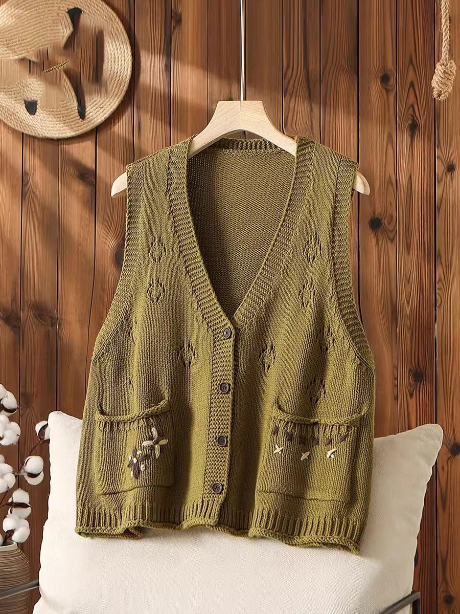 LIXINGHEITANG Large size knitted vest for women autumn and winter loose embroidered ethnic waistcoat sleeveless sweater