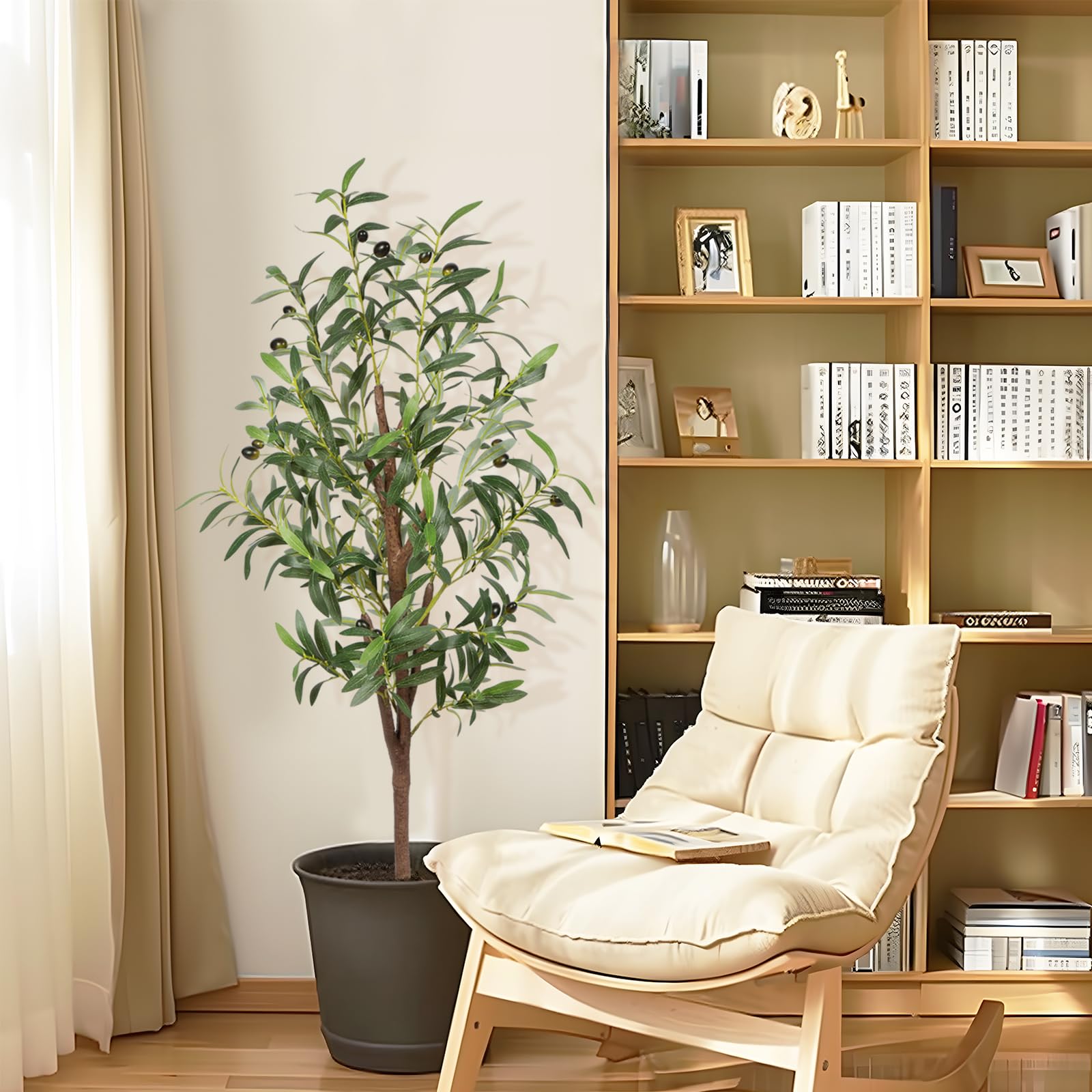 Photo 1 of Artificial Olive Tree, 4FT Tall Faux Olive Trees 48in Outdoor Fake Potted Silk Plant with Trunk and Realistic 436 Leaves and 16 Fruits for Modern Office Home Decor Indoor?1pack?
