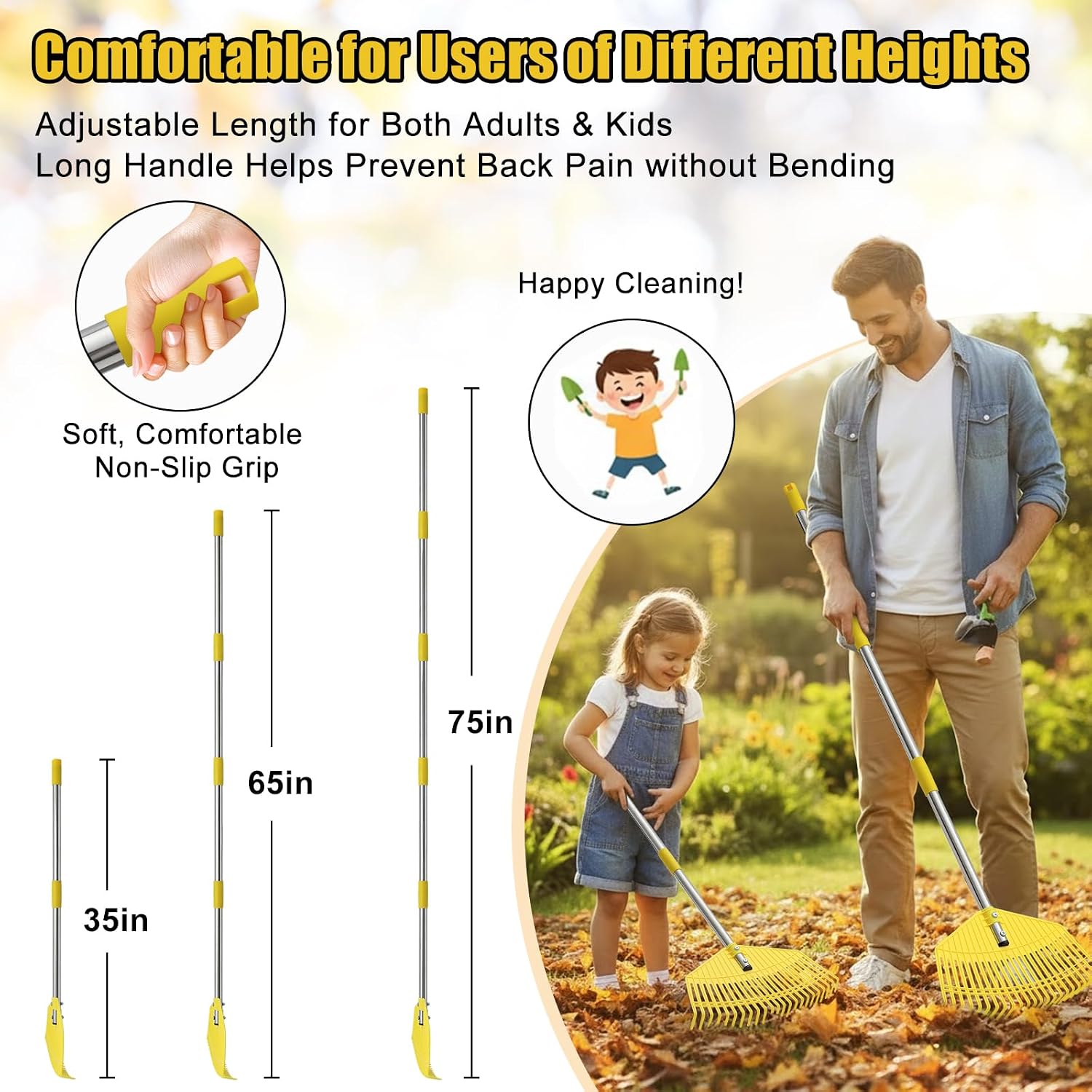 Lightweight Leaf Rake for Lawns - Anti-Break Nylon Plastic Head,Easy Yard & Garden Rake for Women,Seniors,Kids, 16.5" Wide for Leaves, Grass,Pine Needles,Gardening,Adjustable 35–65" Long Handle image 4
