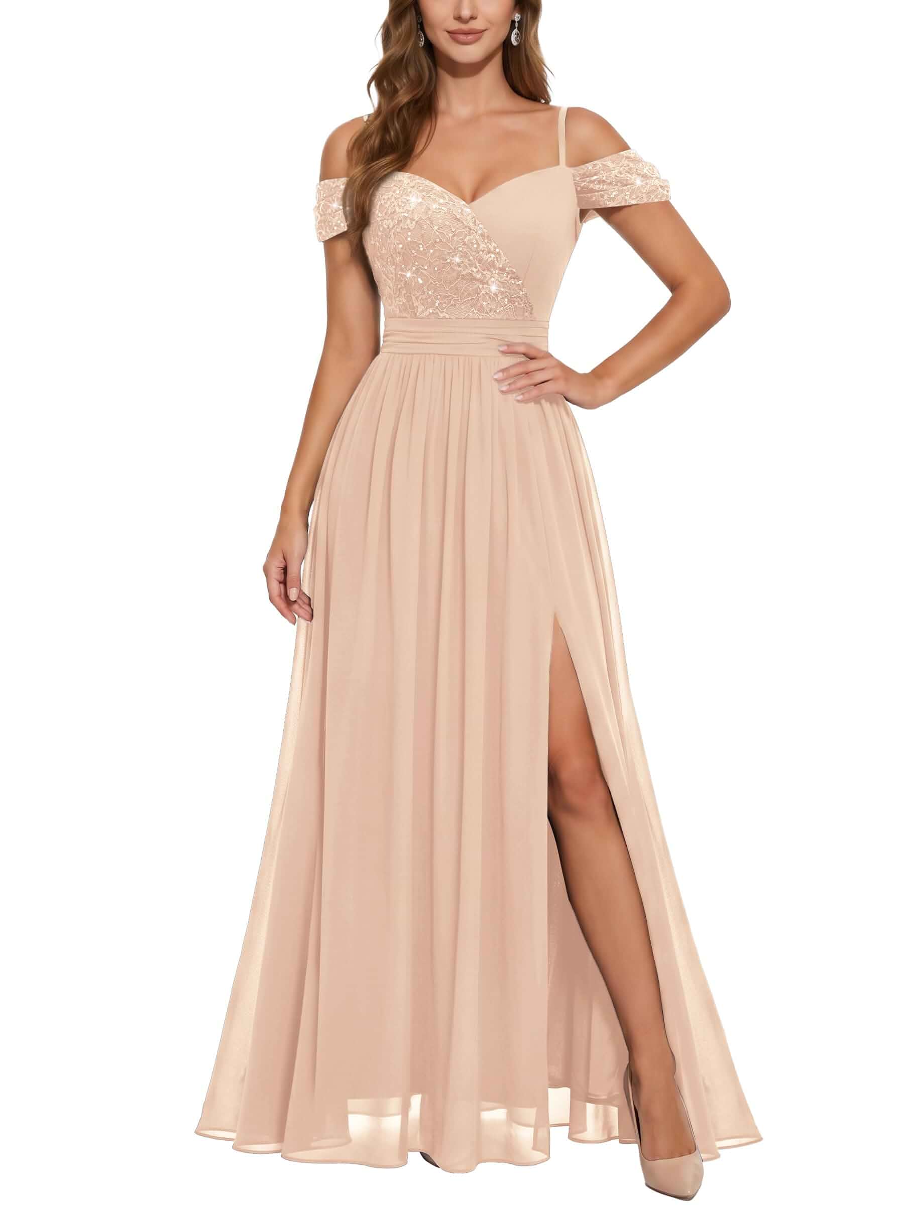 Miusol Women's Off Shoulder Lace Contrast Wedding Maxi Dress V-Neck, Elegant Sequined, Spaghetti Straps, Split Stlye For Bridesmaid