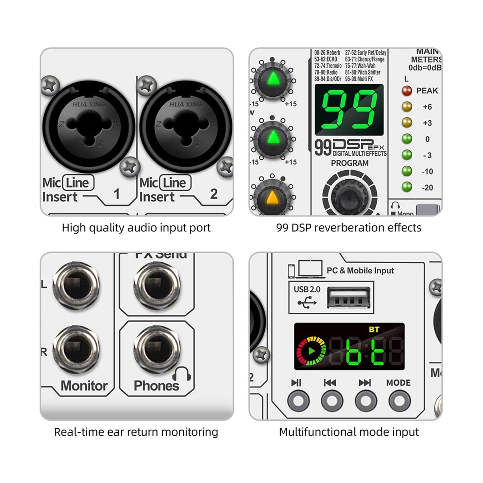 Mixer mit Konsole, 99 DSP-Effekte, tragbares Mischpult for Live-Auftritte, Aufnahmestudio,Außergewöhnliche Klangklarheit