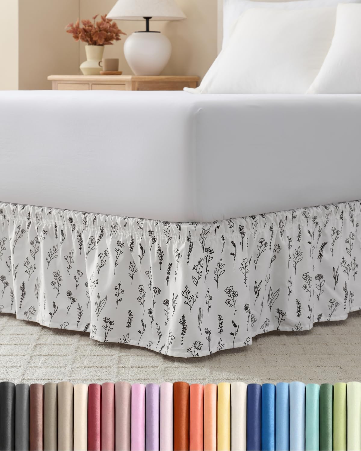 CGK Wrap Around Dust Ruffle Bed Skirt - Twin Size, 15" Inch, Plants