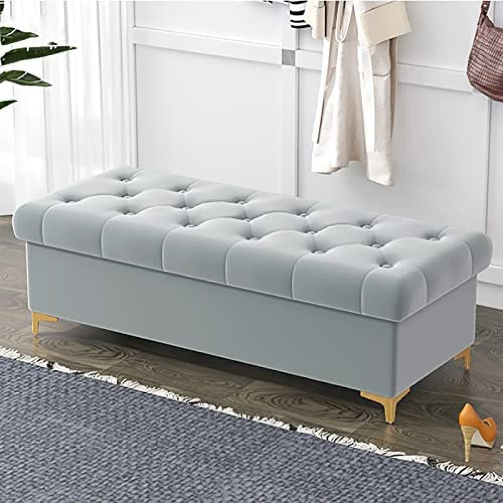 Banco de almacenamiento gris en terciopelo de 120 cm para organizar el dormitorio