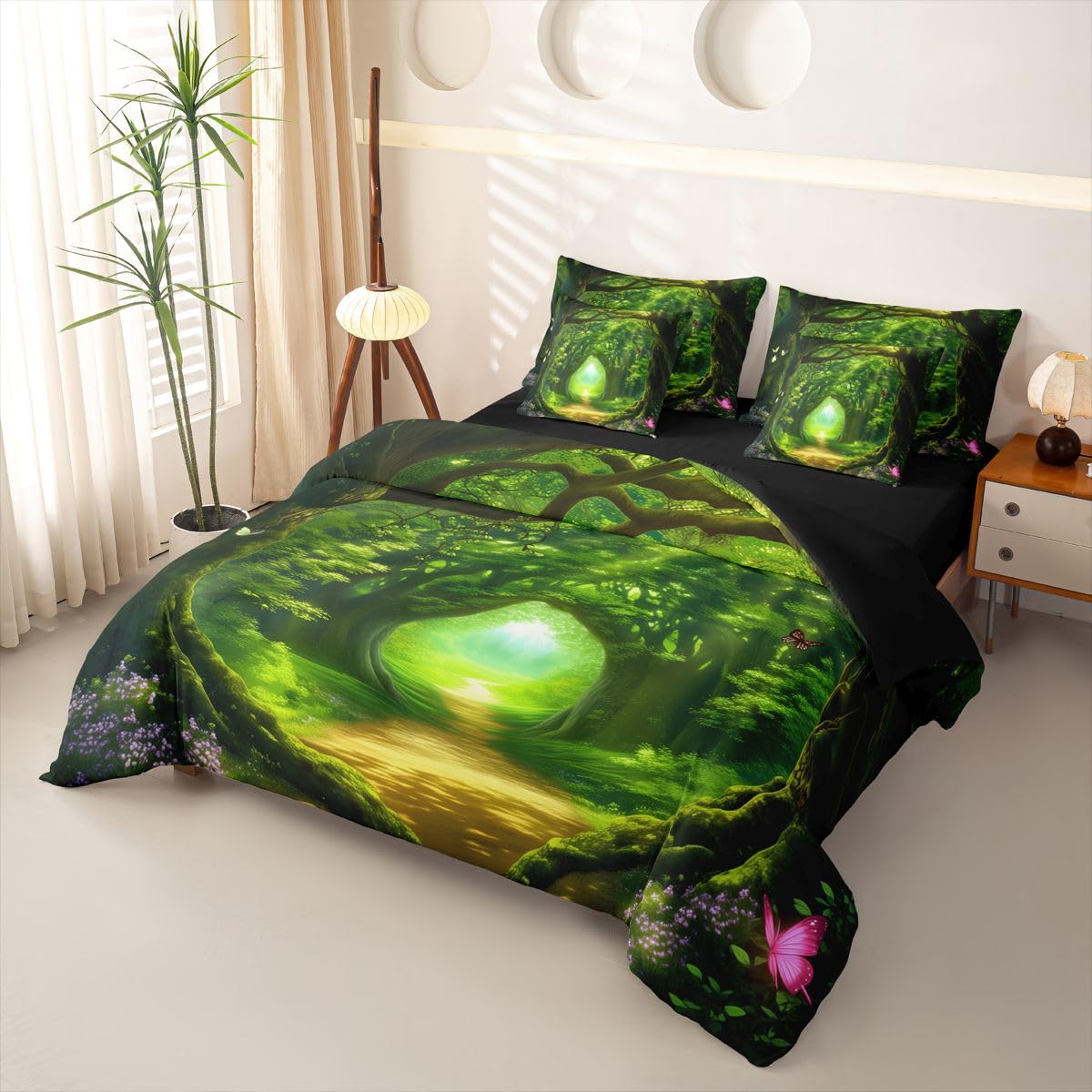 Loussiesd Juego de funda de edredón de 7 piezas, diseño de bosque botánico, tamaño doble, juego de ropa de cama completo con funda de edredón, sábanas, fundas de almohada, fundas de cojín