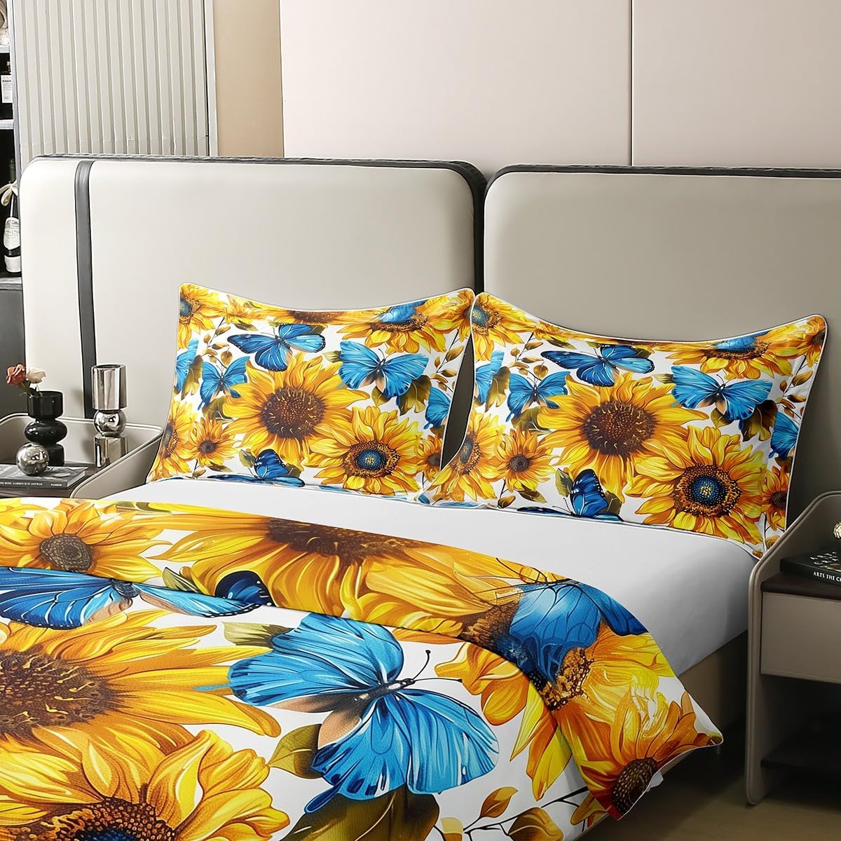 3 Pieces Rustic Sunflowers Duvet Cover 100% Cotton Queen,Dreamy Blue Butterfly Farmhouse Floral Comforter Cover with Zipper Closure,Watercolor Floral Botanical Super Soft Bedding (Not Comforter)